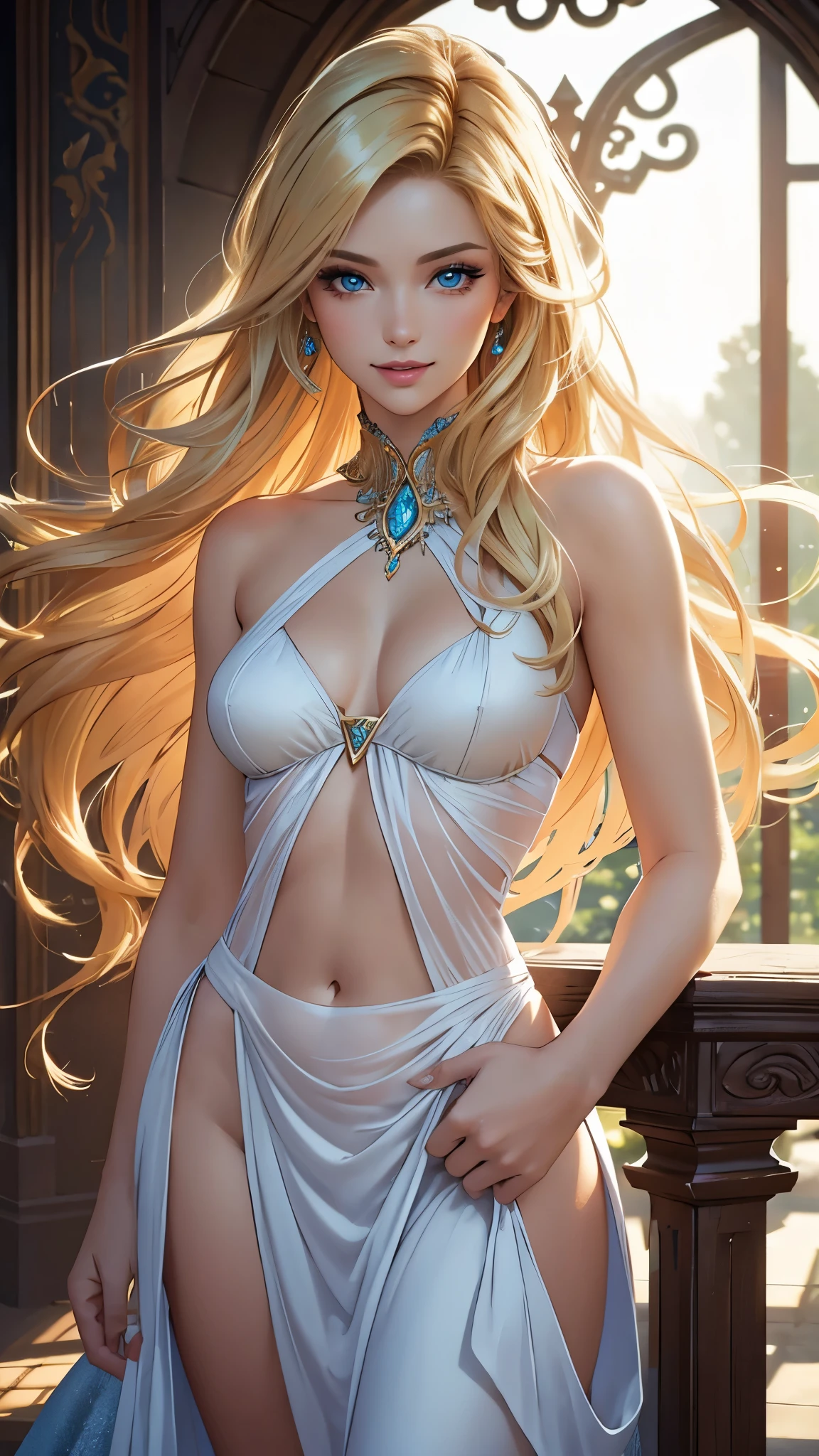 (best quality,ultra-detailed,photo-realistic:1.37),bright and vibrant colors,studio lighting,playful expression,stylish makeup,long blonde hair flowing in the wind,alluring eyes,glossy lips,sexy pose, Archangel, gate of heaven, smiling in a confident and seductive way,posing for a professional photoshoot,shallow depth of field,highlighting the main subject,soft natural lighting,creating a dreamy and magical atmosphere.
