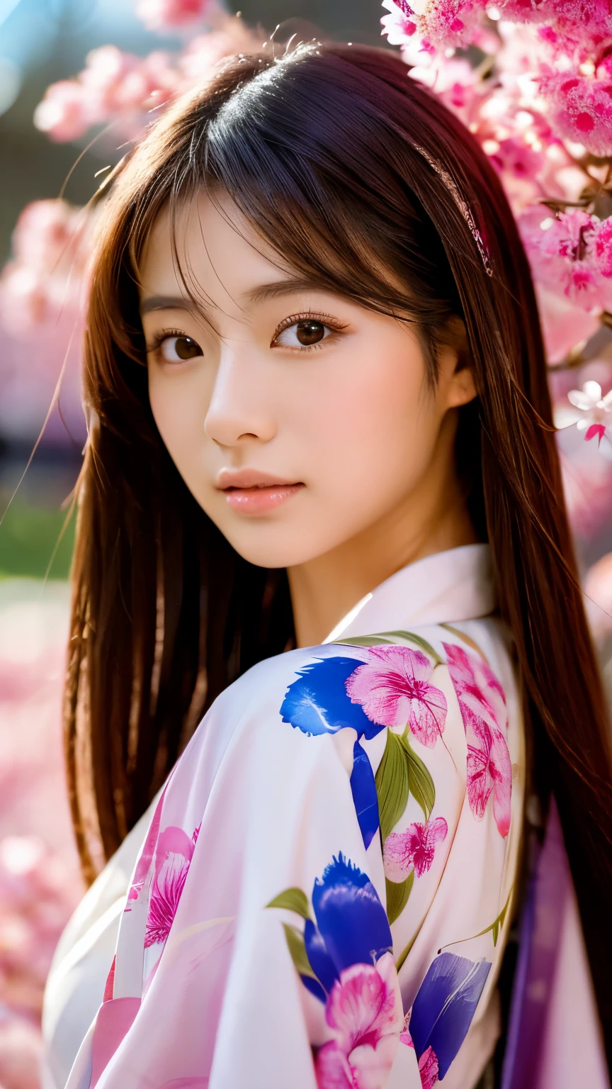 Beautiful Japanese supermodel woman, A lock of hair with slight highlights, black eyes, mixed media, Sexy,Sakura background,Gorgeous kimono , Liquid color flows across her face, Backlight