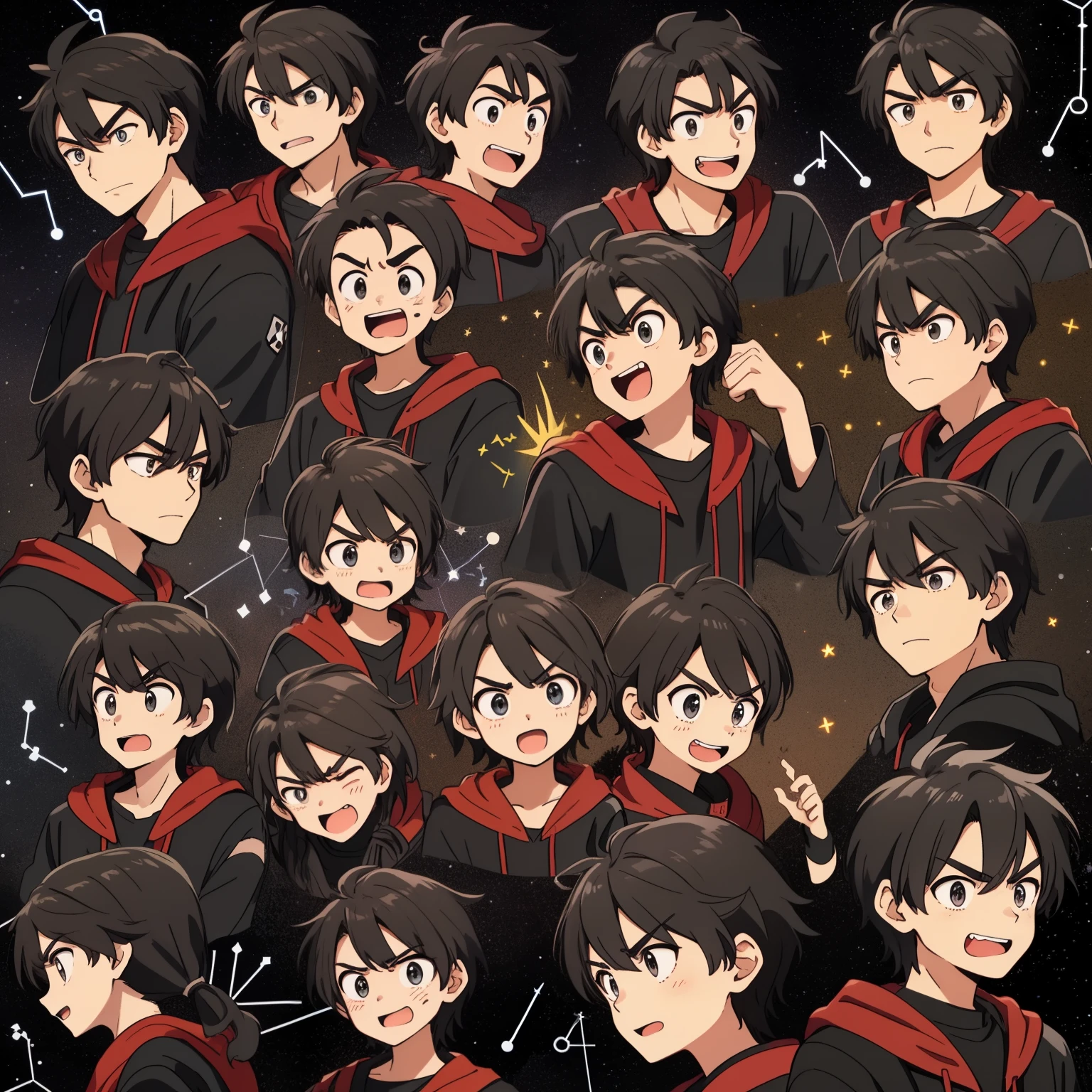 Bad male high school student，short black hair，expression(9个expression符号，expression符号表，constellation)，9種姿勢和expression（sad，surprise，having fun，excited，giggle，smell the rat，angry，touch your head，Acting cute, wait），Black strokes，various emotions，8k