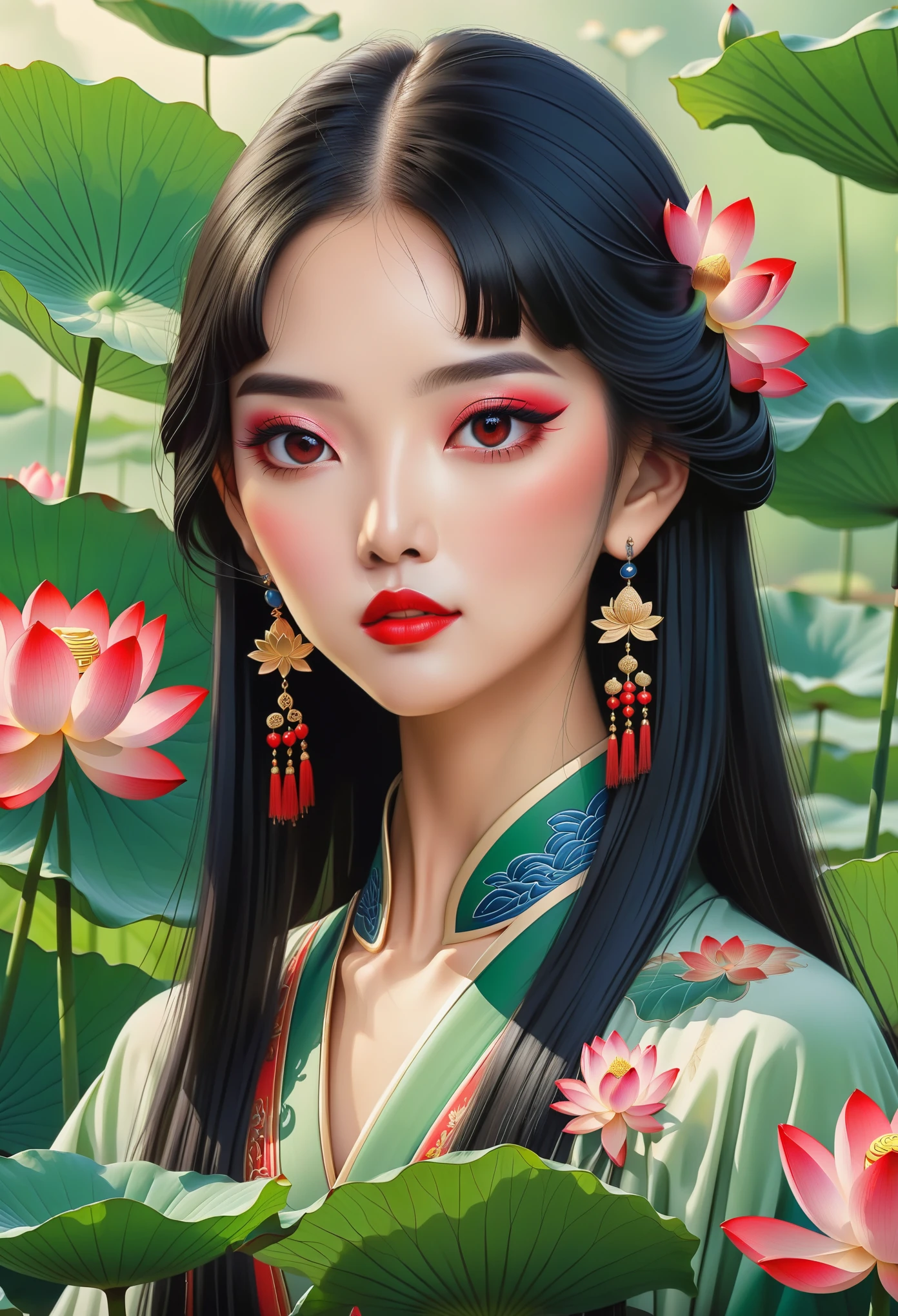 Chinese meticulous painting,Draw a beautiful girl,long black hair,exquisite makeup,red eye shadow,red lips,lotus leaf,lotus,clean background,smooth lines,Lines outline hair,Soft and elegant colors