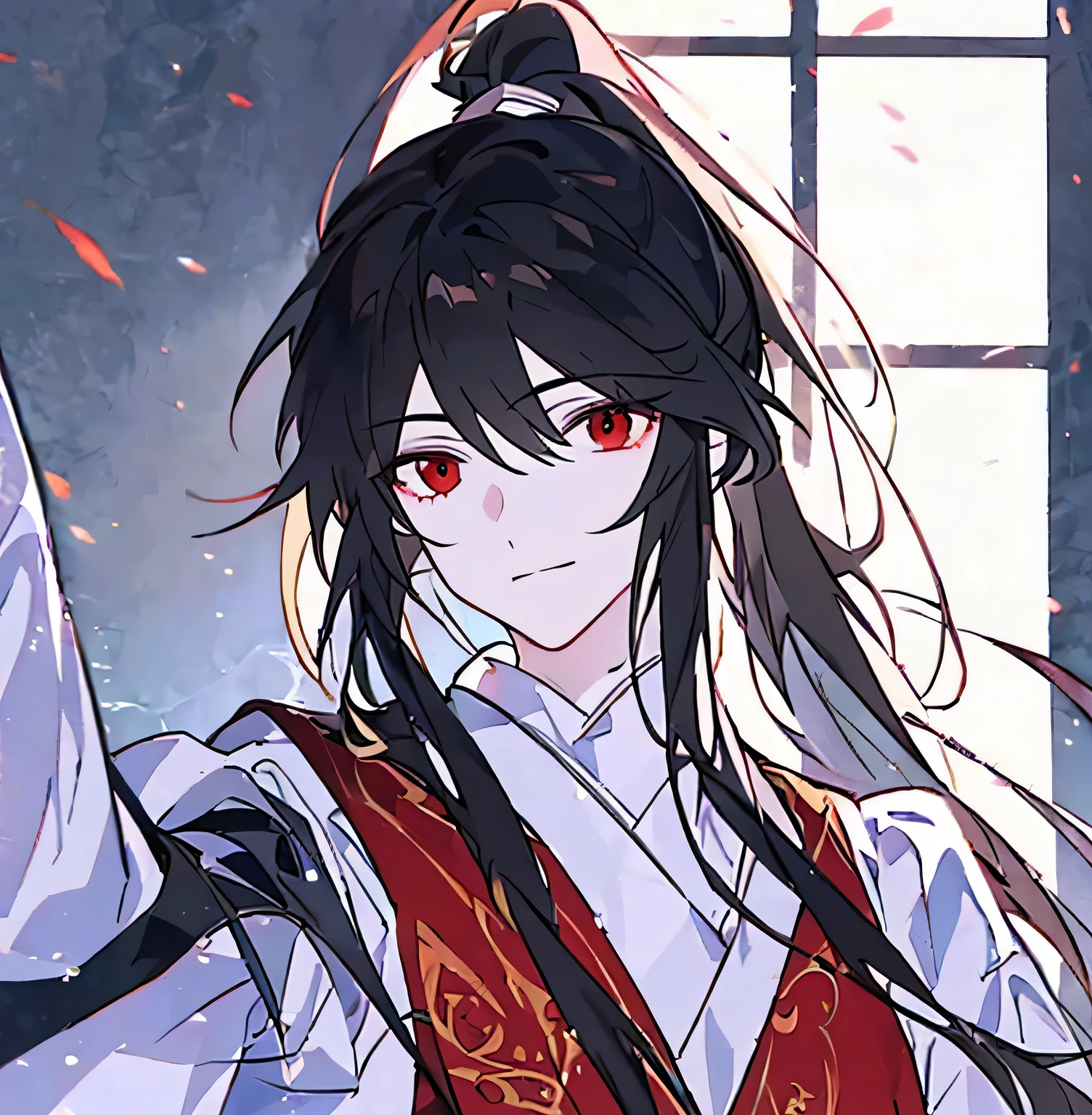 8k, highest quality, masterpiece, ultra high resolution, (realism: 1.4), original photo, (realistic skin texture: 1.3), (film grain: 1.3), (Selfie angle), 1 boy, Beautiful red eyes and facial details, masterpiece, highest quality, close, Upper body,black hair、ponytail、Hanfu、anime character、gentle smile、bandage