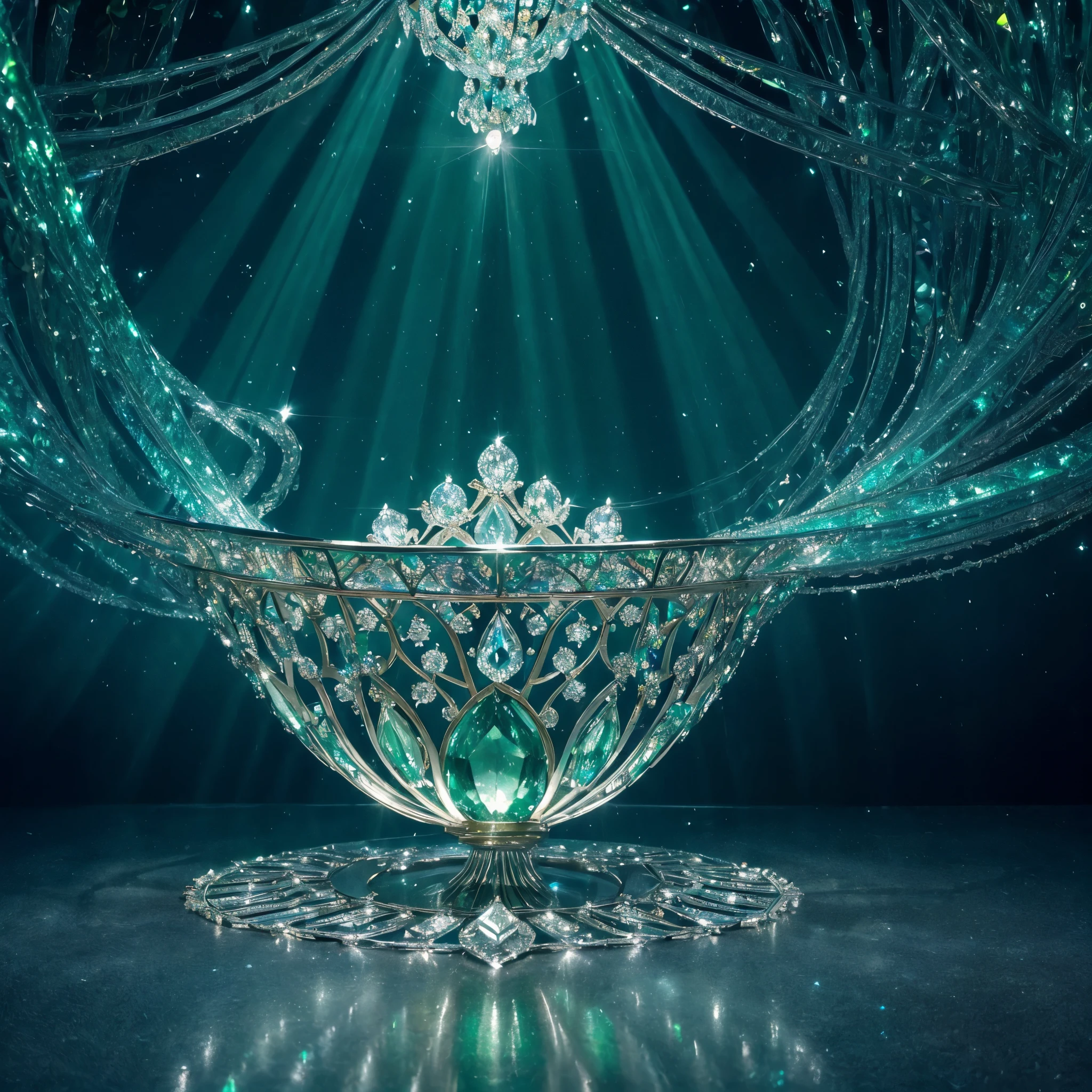 (best quality,ultra-detailed,realistic:1.37),emerald solitaire diamond ring,nested compartments,jewels reflecting kaleidoscopic fire,fractalized design,infinitely faceted,magnificent sparkle,[brimming with jewels],elegant and shimmering,mesmerizing patterns,glimmering gemstones,dazzling brilliance,radiating light and color,exquisite craftsmanship,fine metalwork,sophisticated setting,glowing treasure,Narnia-inspired wonderland,enchanted beauty,stunning centerpiece,everlasting elegance,vivid shades of green and blue,splendid jewel tones,glistening surface,sparkling rays of light,majestic and luxurious,luminous and enchanting,serene and magical atmosphere