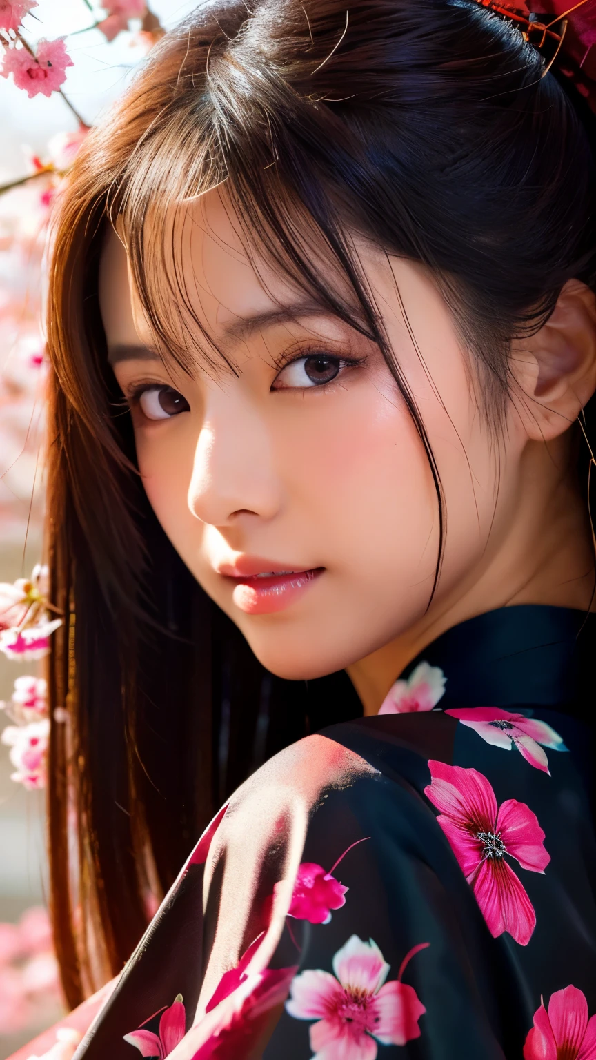 Beautiful Japanese supermodel woman, A lock of hair with slight highlights, black eyes, mixed media, Sexy,Sakura background,Gorgeous kimono , Liquid color flows across her face, Backlight