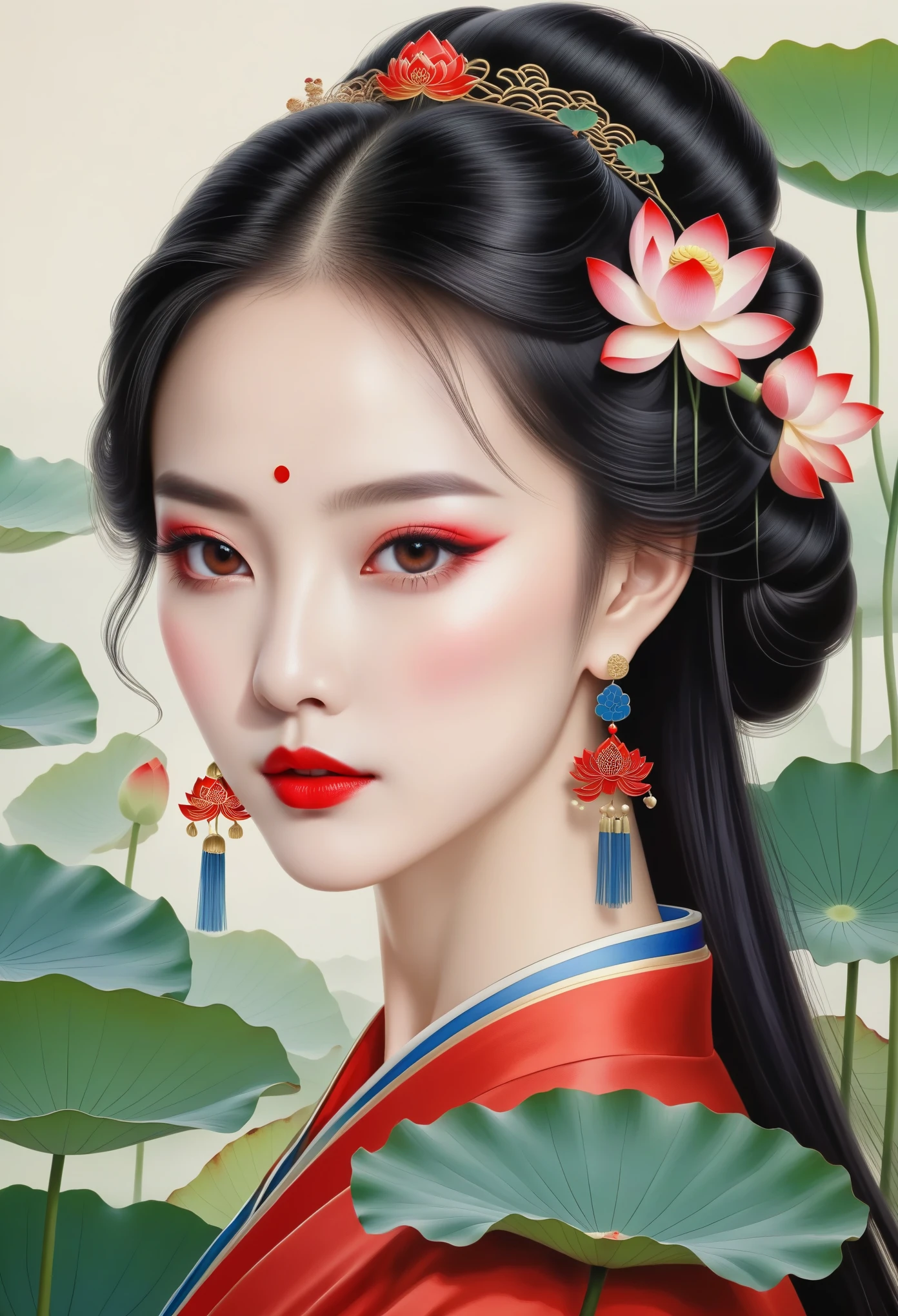 Chinese meticulous painting，Draw a beautiful girl，long black hair，exquisite makeup，red eye shadow，red lips，lotus leaf，lotus，clean background，smooth lines，Lines outline hair，Soft and elegant colors