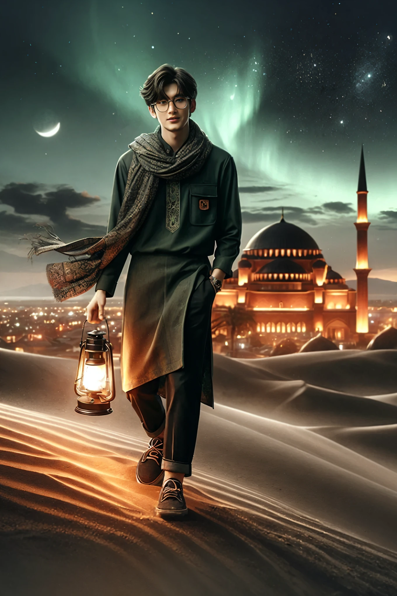 arafed man walking in the desert with a lantern and a mosque, inspired by Amir Zand, inspired by Osman Hamdi Bey, inspired by Ahmed Karahisari, inspired by Rudy Siswanto, arabian night, inspired by Abdur Rahman Chughtai, 3 d render and matte painting, inspired by Ismail Acar, inspired by Shaddy Safadi