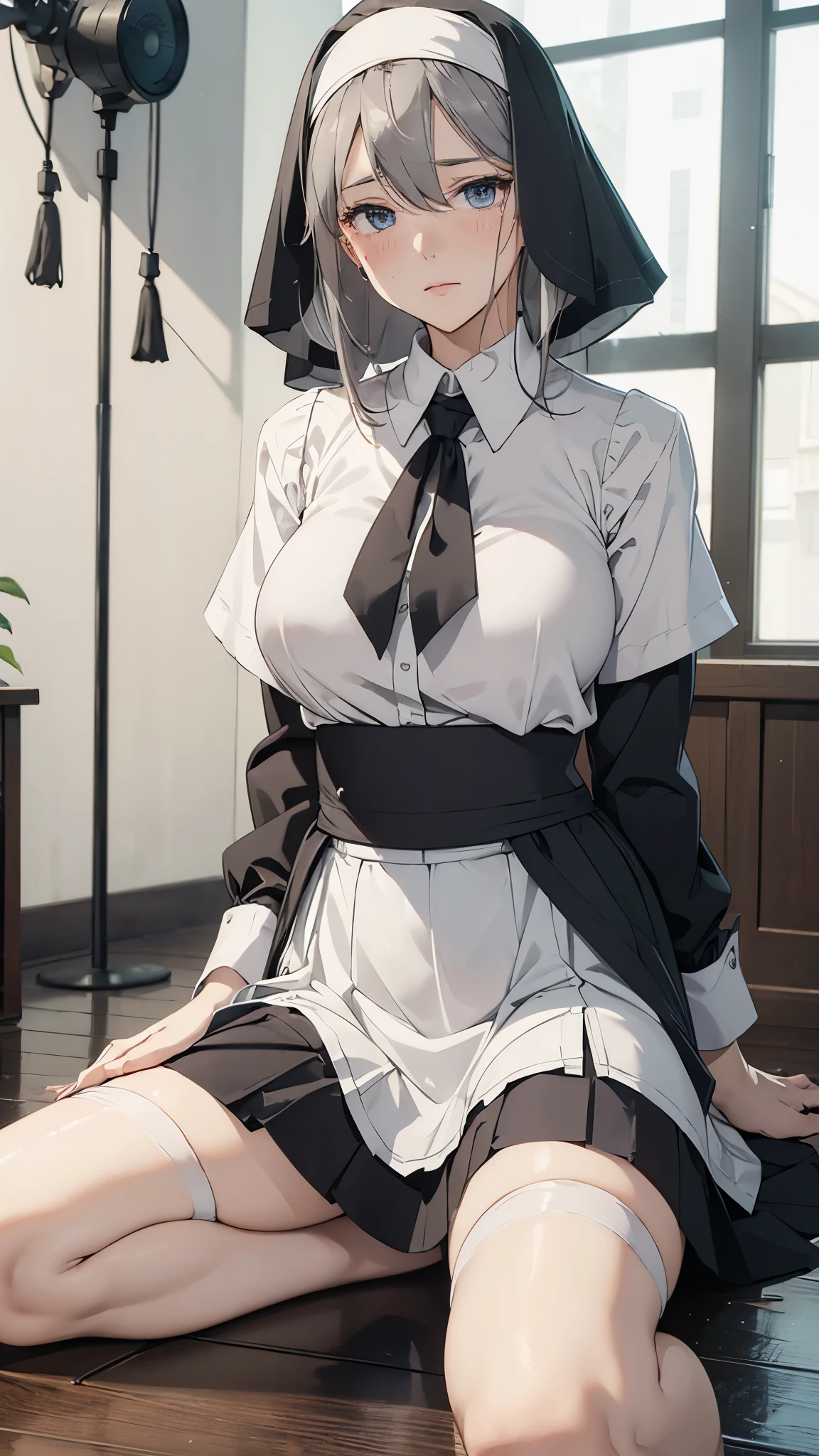 (masterpiece: 1.3), (maximum resolution: 1.2), (ultra high definition tv: 1.2), cinema light, 8K resolution, detailed facial features, focus on the face,perfect style, cute face, Accurate, anatomically correct, fine eyes,beautiful eyes、 shiny skin, Fair skin, Glossy skin、glossy lips、 (embarrassed look: 1.2),woman, 29-year-old, Retrospective shot of rear loam、angle from below, Low - Angle, from behind, beautiful face, (skirt lift:1.4), loose and wrinkled white panties, stockings, blush、humiliation、impatience、tears、embarrassing、surprised expression、expression of anger、 (nun clothes:1.2),full of sweat、silver hair、green ash eye、Retrospective shot of rear loam、Low - Angleから、soaking wet、flowing sperm、Sperm in the ass、sperm on thigh、flowing sperm(attractive ass:1.2),、exposed panties、disheveled clothes、exposed chest、church、Stained glass、inserted into the anus、Insert your finger、Spread with your fingers、