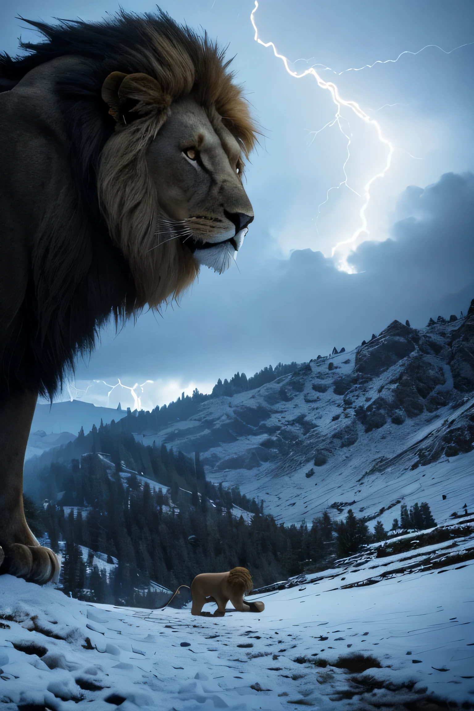 wide angle establishing shot n  strong lion with golden and black mane, standing on the to of a hill. chaotic lightning, snow, dark, scary vibes 
