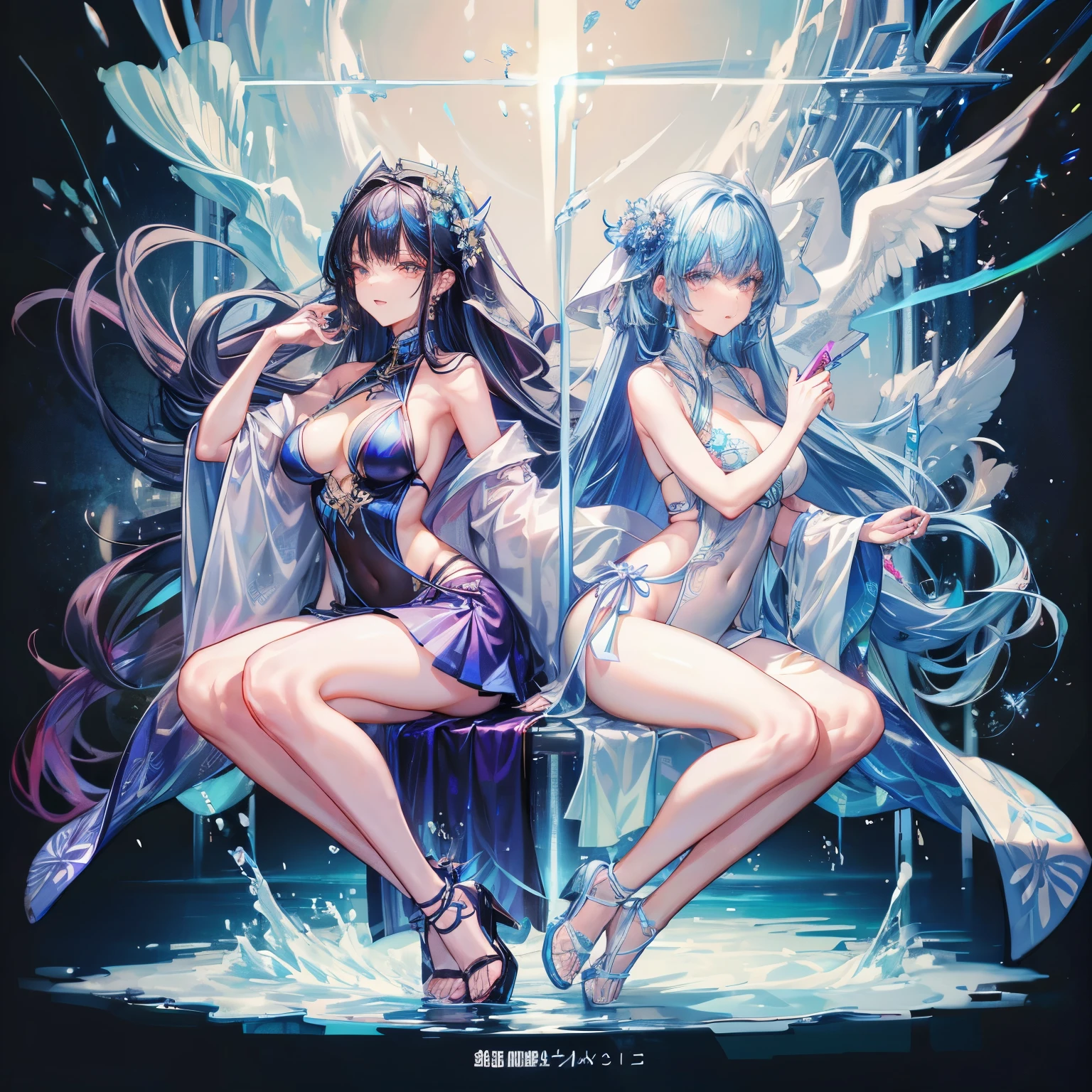 Hanfu(swimsuit），full body portrait，light wing earrings，long black hair，blue hair tail dyed，Center parted bangs，High heel，The dress has a gorgeous wavy pattern，Gorgeous splash skirt，Intricate costume details，Complex trinkets，Navel exposed，two girls，interactive，Various postures