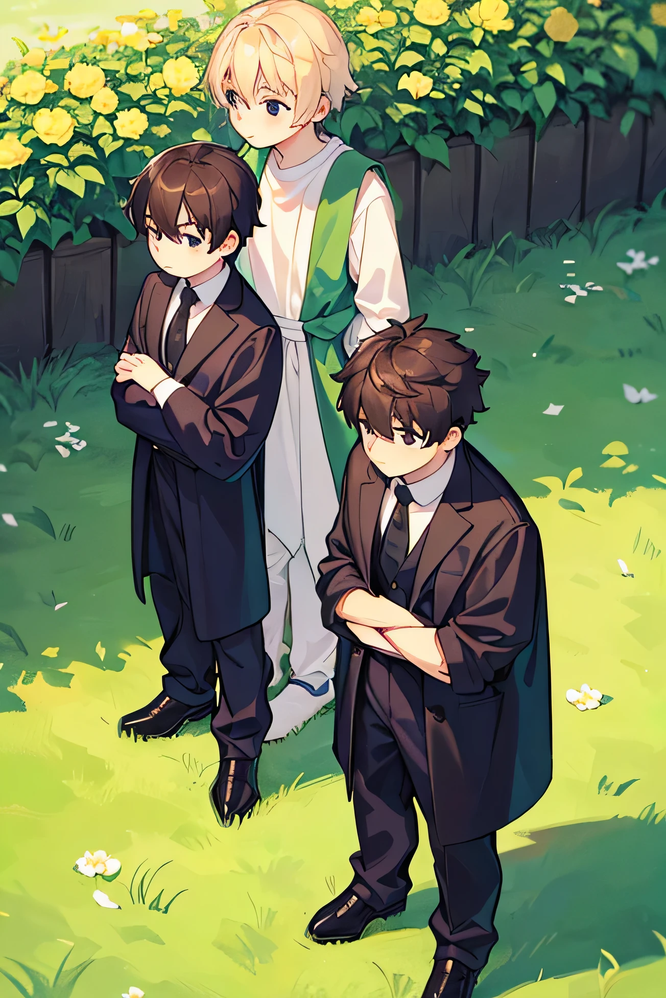 three young people in a green field, el dia soleado, they are from afar and at a high angle, they are looking at the ground. La primera persona se coloca un poco alejada., They are crouched hugging their knees with their left hand touching one of the flowers. The person in the middle is a young man., he is taller his head is bowed, abatido mientras sus hombros se hunden, Se ve triste. y la tercera persona, a girl a little shorter than him, is standing to the right of the man, colocando una mano en su hombro, She looks at him out of the corner of her eye with concern.