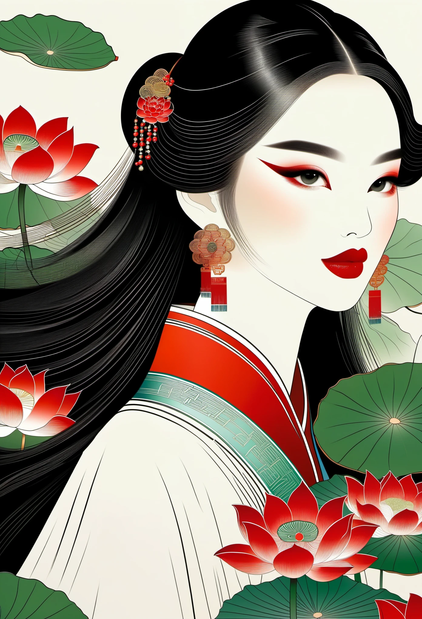 Chinese meticulous painting,Draw a beautiful girl,long black hair,exquisite makeup,red eye shadow,red lips,lotus leaf,clean background,smooth lines,Lines outline hair,Soft and elegant colors,Vector