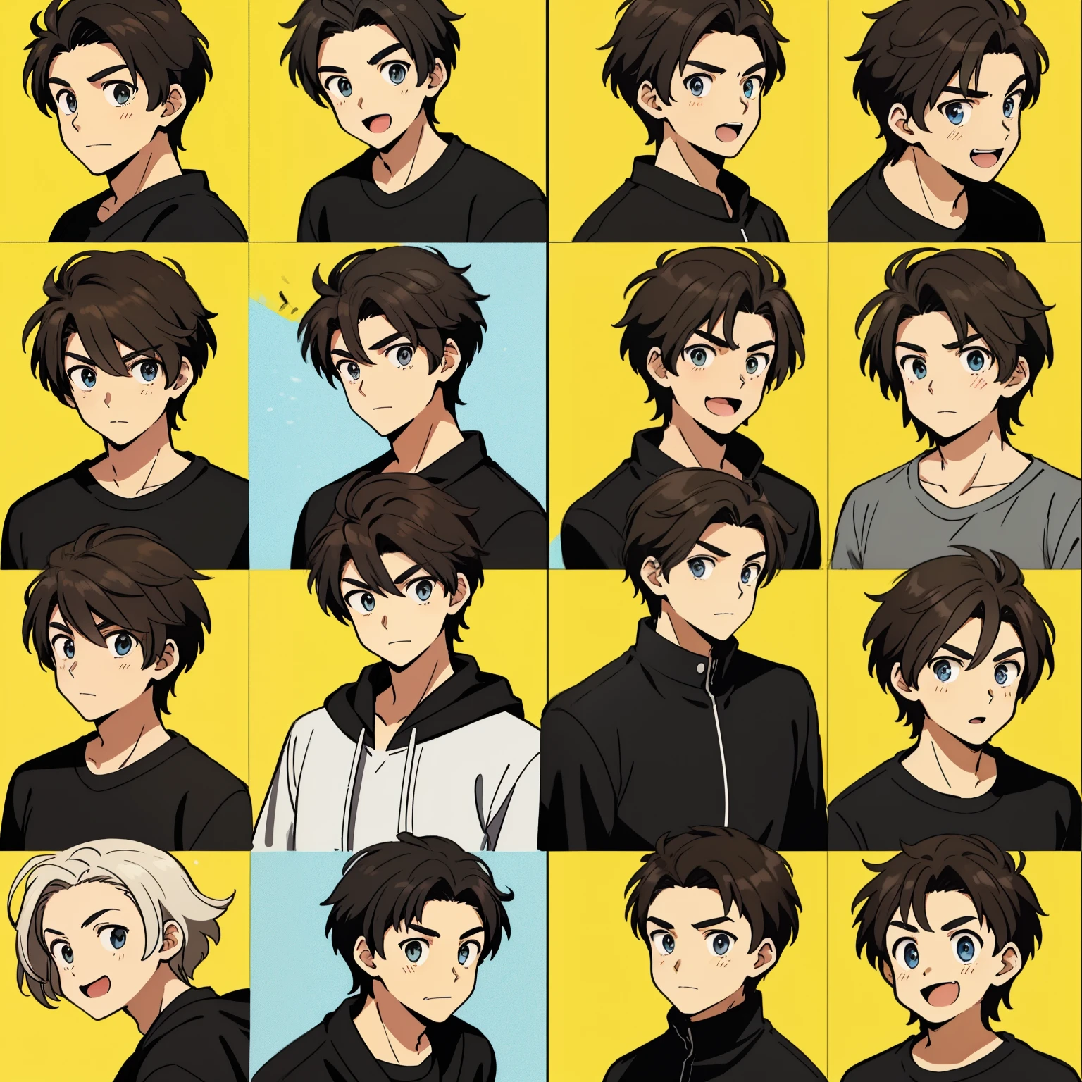 Drawing high school boys,Black stroke 9 grid image。Comes in 9 poses and facial expressions.、express different emotions。He is wearing a white shirt、man with short hair,looks very sunny