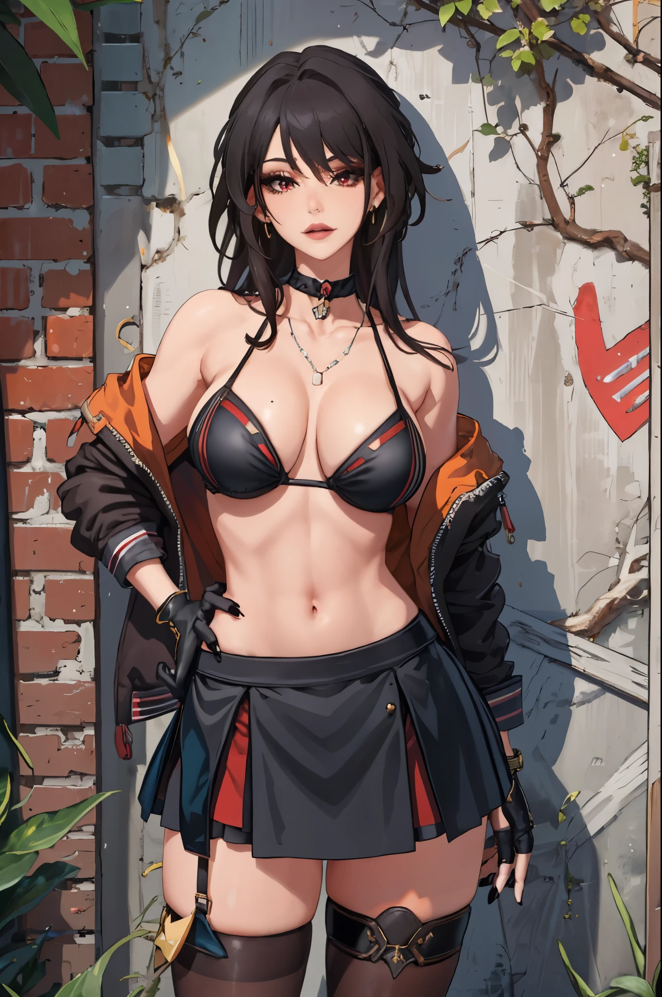 beautiful, (masterpiece:1.2), (best quality:1.2), perfect lighting, perfect eyes, perfect face, 1girl, bikini, bikini under clothes, black bikini, black choker, black gloves, black hair, black lips, black nails, black skirt, breasts, choker, cleavage, cropped jacket, cross, earrings, eyeliner, eyeshadow, fingerless gloves, gloves, hand on hip, highleg, highleg bikini, huge breasts, jacket, jewelry, lips, lipstick, long hair, makeup, microskirt, miniskirt, navel, open clothes, open jacket, red eyes, skirt, sleeves pushed up, solo, standing, striped, striped bikini, striped thighhighs, swimsuit, thighhighs, thighs, underboob