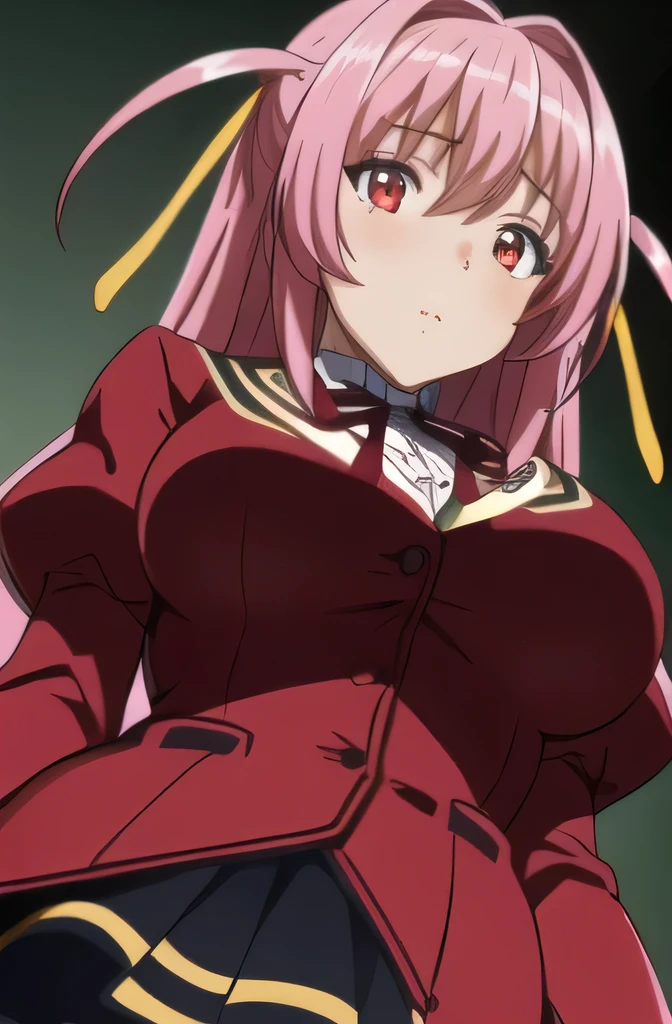 red jacket,long sleeve,school uniform, skirt,plump sleeves,red dress,Thighhighs,removed sleeve, neck ribbon,black ribbon, pink hair,red eyes,yellow ribbon,length_hair,
1 girl, 20 years,young woman,beautiful Finger,beautiful long legs,beautiful body,beautiful Nose,beautiful character design, perfect eyes, perfect face,expressive eyes, looking at the viewer, in the center of the image,(light_笑face:0.5), official art,Highly detailed CG Unity 8k wallpaper, perfect lighting,colorful, bright_front_face_lit,shiny skin, (masterpiece:1.0),(Highest_quality:1.0), 超High resolution,4k,Super detailed, photograph, 8k, HDR, High resolution, confused:1.2, kodak portrait 400, film grain, blurred background, Bokeh:1.2, Lens flare, (lively_color:1.2) (beautiful,big_chest:1.0), (beautiful_face:1.5),(narrow_waist)