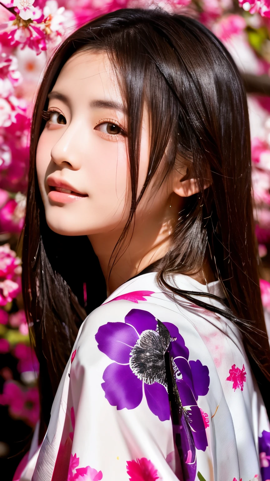 Beautiful Japanese supermodel woman, A lock of hair with slight highlights, black eyes, mixed media, Sexy，Sakura background，Gorgeous kimono , Liquid color flows across her face, Backlight