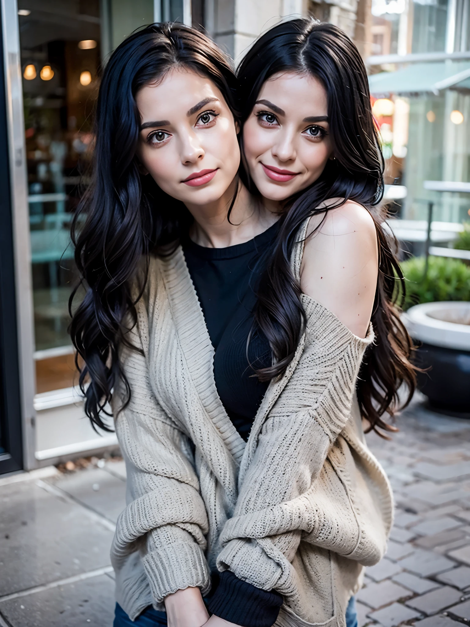 2heads, three-headed woman, age 33, curvy, pale skin, dark hair, loose black sweater,