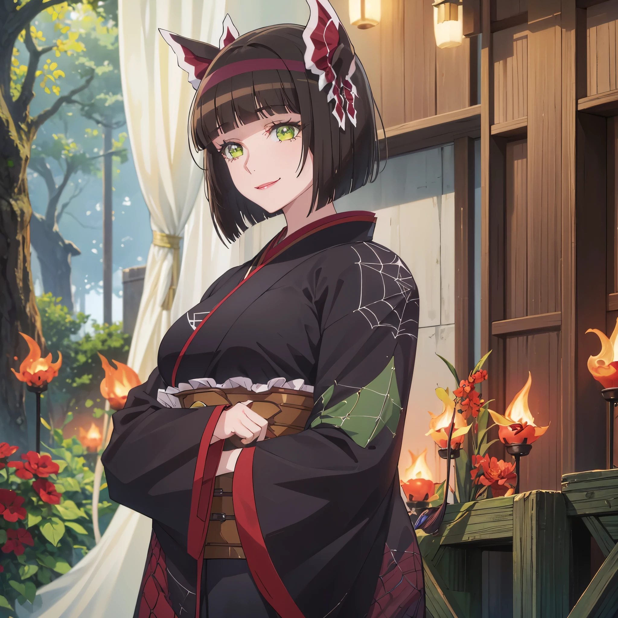 A woman with short dark brown hair, faint green eyes, smiling in a fantasy world forest, holding a fan with one hand, big breast,black kimono with red details and spider web details.

