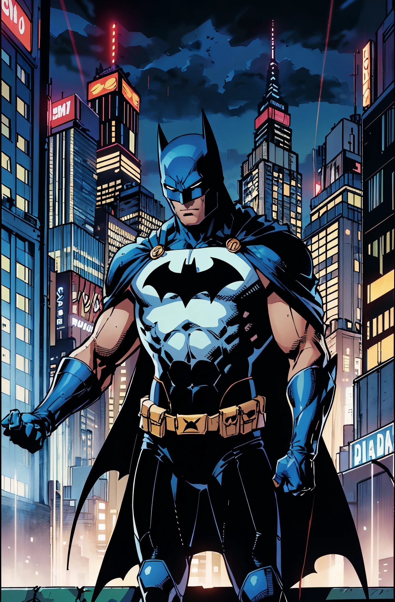 illustration, absurdres, masterpiece, 1boy, jim lee ,batman, standing, night, city, male focus,serious, on roof,cape,black armor, serious, cowboy shot, heavy downpour, floating cape,90s cartoons ,marvel comic，The background is New York City，Professional comic style, prominent contour lines