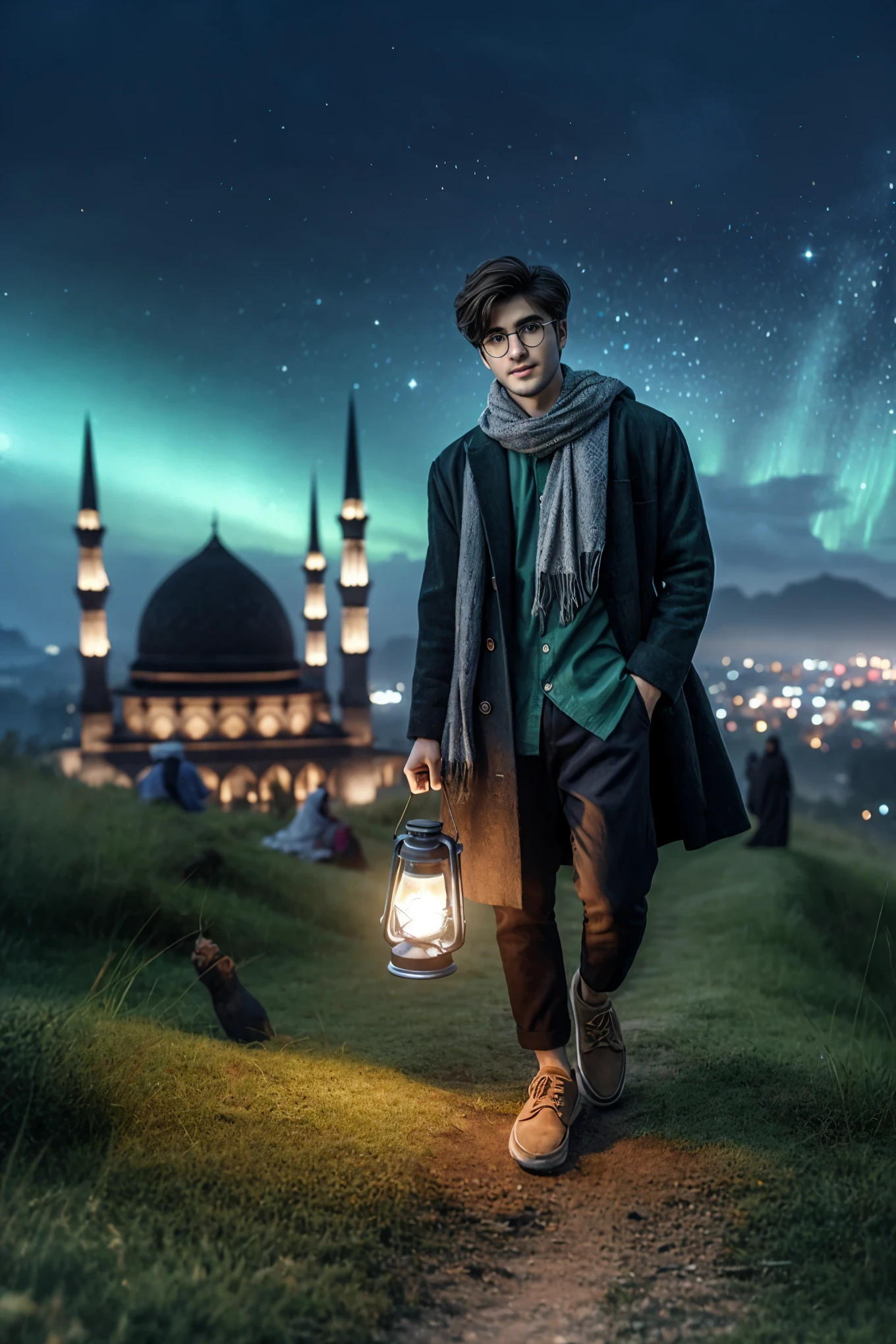 arafed man walking with lantern in hand on a path in front of a mosque, matte painting portrait shot, inspired by Amir Zand, realistic fantasy photography, in matte painting, hero pose colorful city lighting, inspired by Ismail Acar, max rive, inspired by irakli nadar, maya ali as a d&d sorcerer, harry potter in cyberpunk