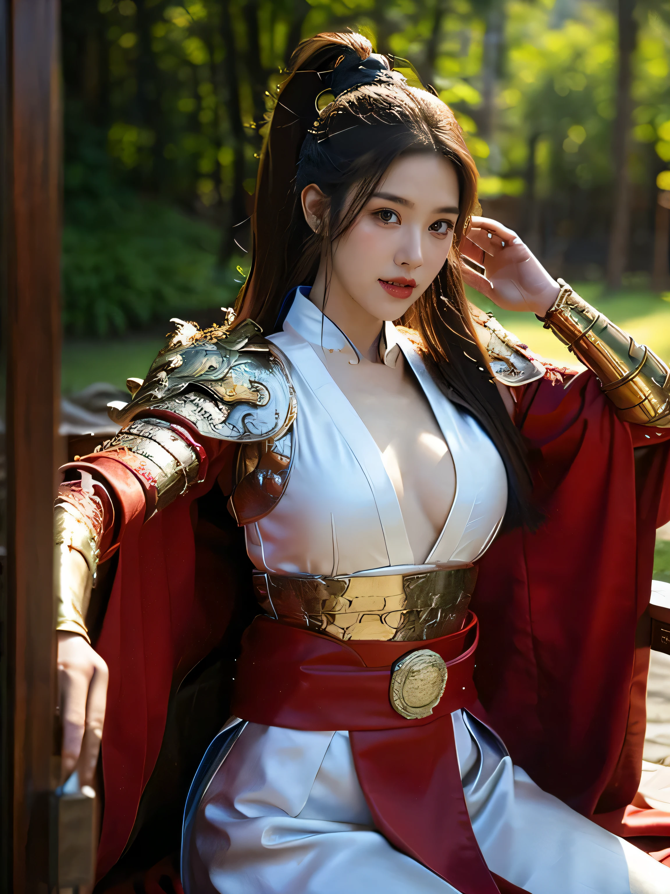 masterpiece,Best quality,HD quality,face close-up,A high resolution,8K,Ancient battlefield background, ((field:1.8)),(Female generals on the battlefield in the Han Dynasty),18-year-old girl,(long ponytail hairstyle),cparted lips,Full and erect breasts,Noble and charming,Elegant and serious,Chinese armor,sword, Chinese architecture, Brown cape,,The combination of white metal and red leather,chest armor,metallic luster,Leather buckle,Exquisite pattern,mysterious badge,Cool and gorgeouig breasts)),Chest groove,Three Kingdoms character painting style,Photo pose,oc render reflection texture,charming smile,Head-up shot,bright afternoon,woodland background