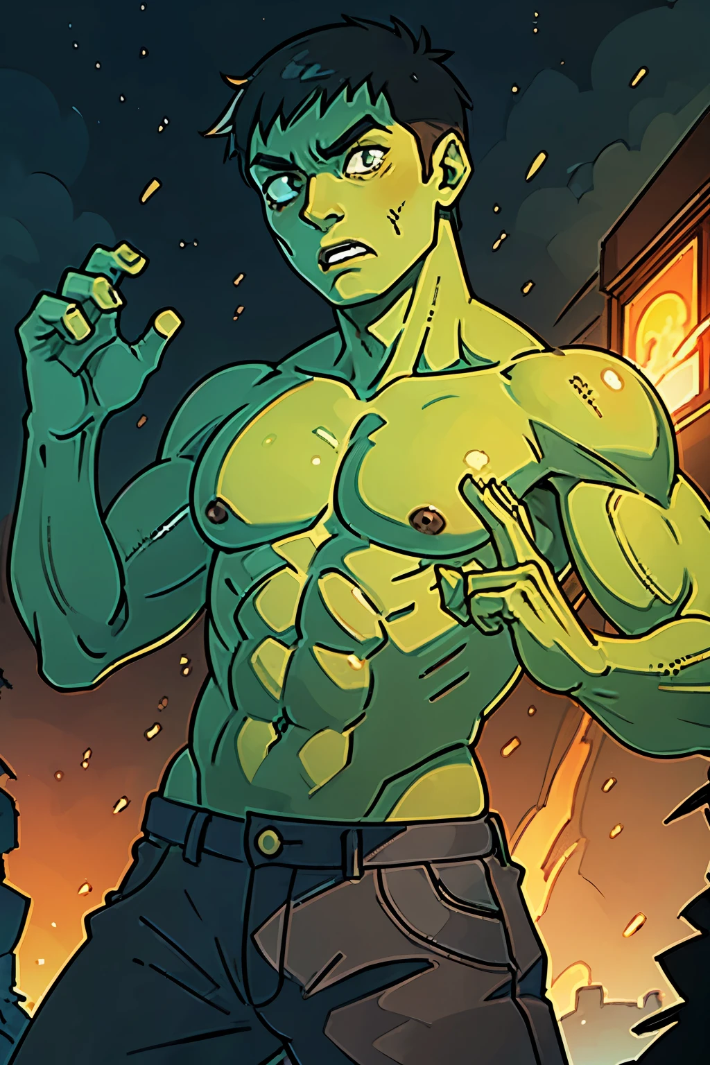 Zombie,muscular man,green skin,hands raised,front