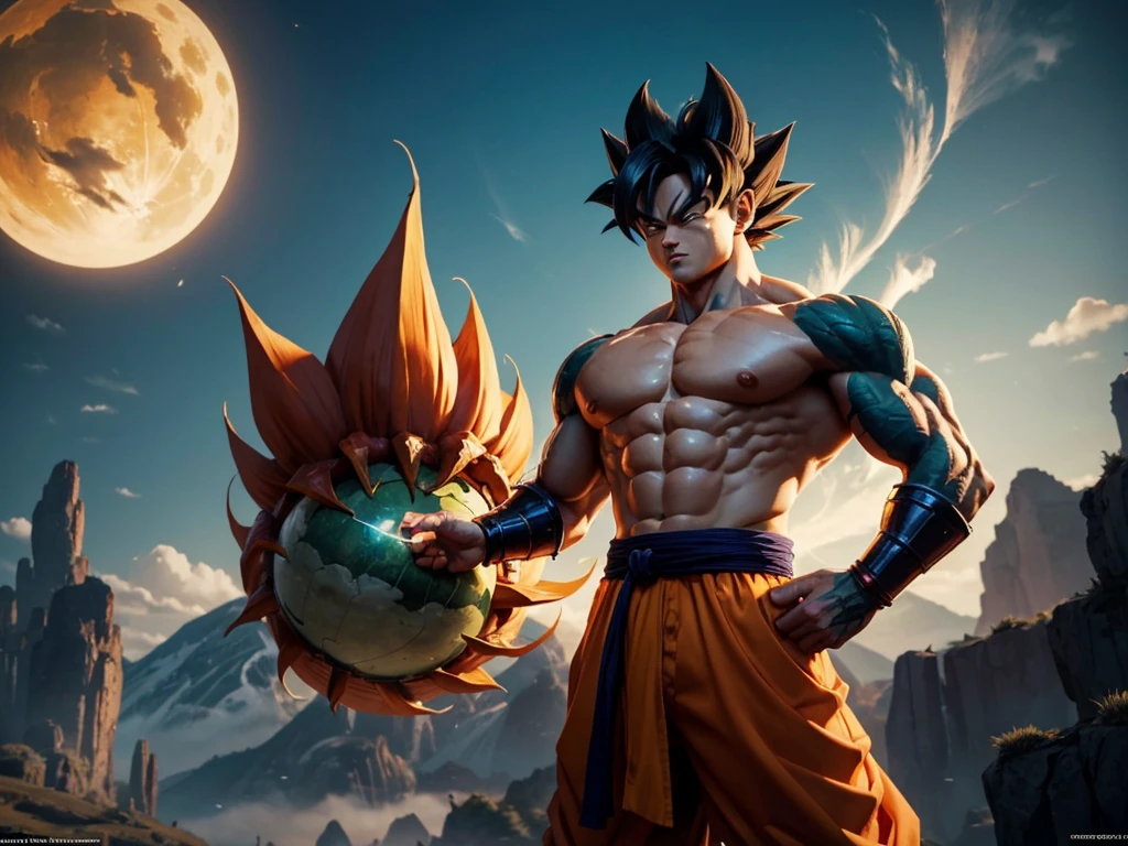 The dragon Saiyan Goku from Dragonball series stands tall in a dynamic fighting pose, exuding immense power and determination to protect the Earth. His spiky black hair and signature orange martial arts gi are meticulously detailed. Beautiful vibrant colors and photorealistic rendering enhance the intensity of the scene. The backdrop showcases the vibrant and mystical world of Dragonball, with lush green fields, towering mountains, and a clear blue sky with fluffy white clouds.
Surrounding Goku, the majestic Shenron, a giant green dragon, looms in the sky, partially wrapped around in a sinuous motion. Its detailed scales glimmer under the radiant sunlight, and its piercing red eyes add an air of mystery and power. The detailed texture of Shenron's body accentuates the legendary and sacred nature of the dragon.
The seven mystical Dragon Balls, orbs of various colors, float elegantly above Goku and Shenron. These mystical artifacts are the key to summoning Shenron and granting any wish. Each Dragon Ball reflects light, giving a mesmerizing glow to the scene. The composition creates a sense of anticipation and adventure as the beloved characters embark on another quest for the Dragon Balls.
The art style takes inspiration from the original Dragonball anime, capturing the unique essence of Akira Toriyama's iconic character designs. It combines elements of manga illustration and vibrant cel-shading, giving the scene a delightful blend of nostalgia and modern aesthetics.
The overall color palette is rich and vibrant, with a focus on warm and tropical tones. It evokes a sense of excitement and energy, creating a visually captivating experience. The lighting is dramatic and dynamic, with strong highlights and shadows enhancing the depth and three-dimensionality of the characters and landscape.
The art quality is of the highest standard, ensuring every detail, from Goku's muscles to Shenron's scales, is ultra-detailed and meticulously rendered. The image resolution is s