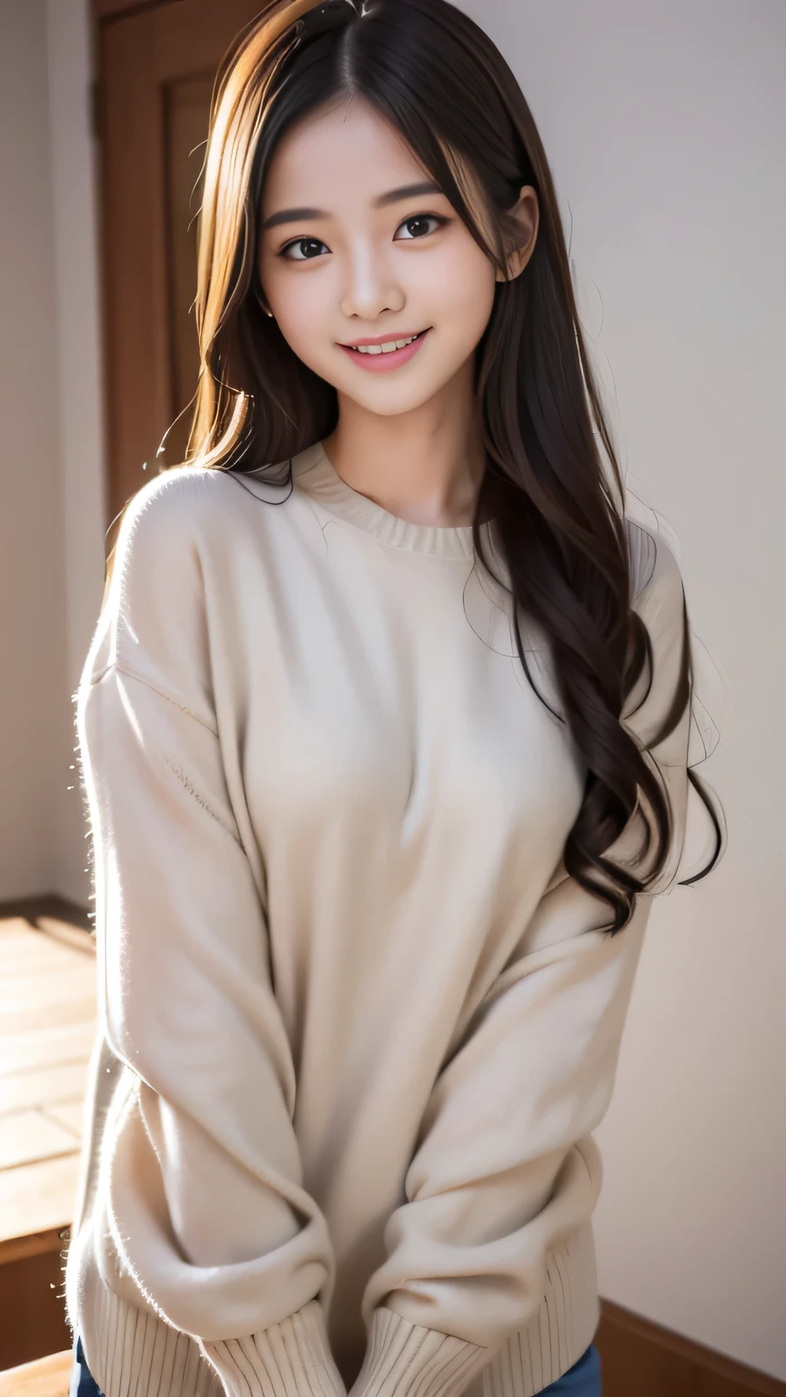 ultra high resolution、realistic pictures、1 girl、japanese girl、white sweater、mini skirt、smile、beautiful breasts、whole body、light brown hair