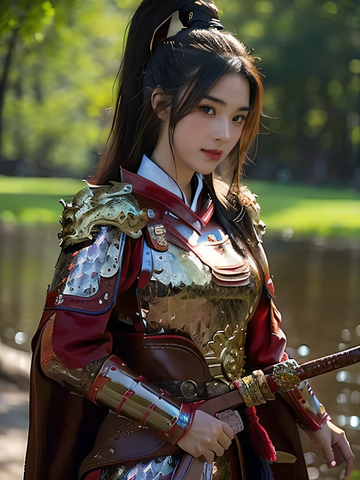 masterpiece，Best quality，HD quality，face close-up，A high resolution，8K，Ancient battlefield background, ((field：1.8))，(Female generals on the battlefield in the Han Dynasty)，18-year-old girl，（long ponytail hairstyle)，cparted lips，Full and erect breasts，Noble and charming，Elegant and serious，Chinese armor,sword, Chinese architecture, Brown cape，，The combination of white metal and red leather，chest armor，metallic luster，Leather buckle，Exquisite pattern，mysterious badge，Cool and gorgeouig breasts))，Chest groove，Three Kingdoms character painting style，Photo pose，oc render reflection texture，charming smile，Head-up shot，bright afternoon，woodland background