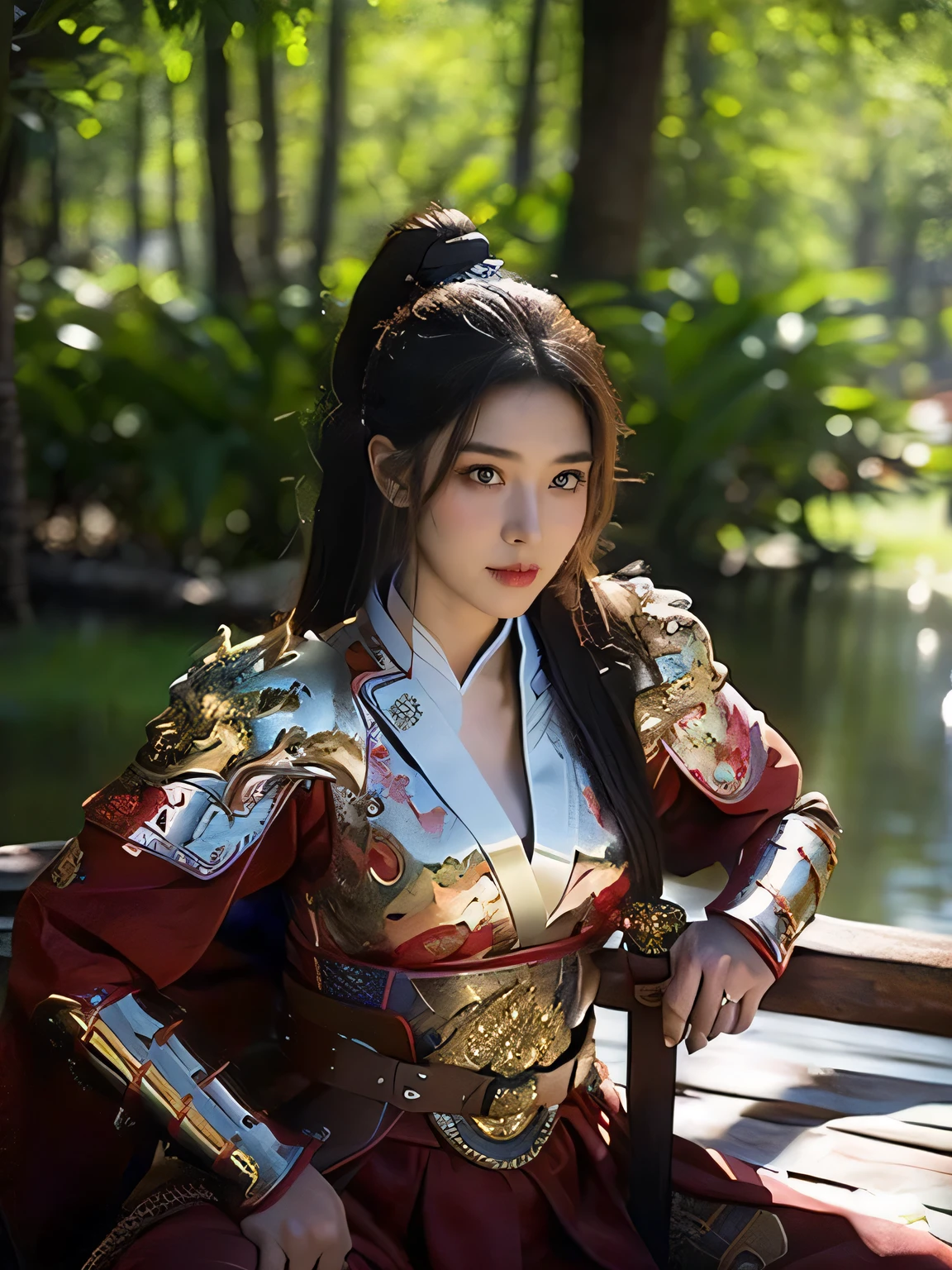 masterpiece，Best quality，HD quality，face close-up，A high resolution，8K，Ancient battlefield background, ((field：1.8))，(Female generals on the battlefield in the Han Dynasty)，18-year-old girl，（long ponytail hairstyle)，cparted lips，Full and erect breasts，Noble and charming，Elegant and serious，Chinese armor,sword, Chinese architecture, Brown cape，，The combination of white metal and red leather，chest armor，metallic luster，Leather buckle，Exquisite pattern，mysterious badge，Cool and gorgeouig breasts))，Chest groove，Three Kingdoms character painting style，Photo pose，oc render reflection texture，charming smile，Head-up shot，bright afternoon，woodland background