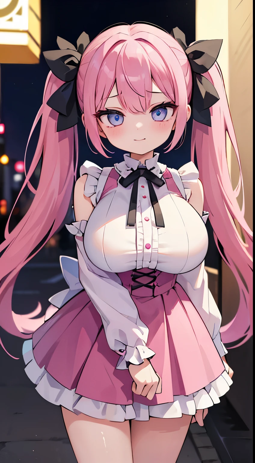 (masterpiece、top-quality、ultra-detailliert)、((1 girl))、((Pink hair twin tails))、light blue eyes、evilsmile、piercings、((very Bigger breasts))、jirai fashion、pink clothing、frilld、a black ribbon、Black miniskirt、cowboy shot、Downtown background at night