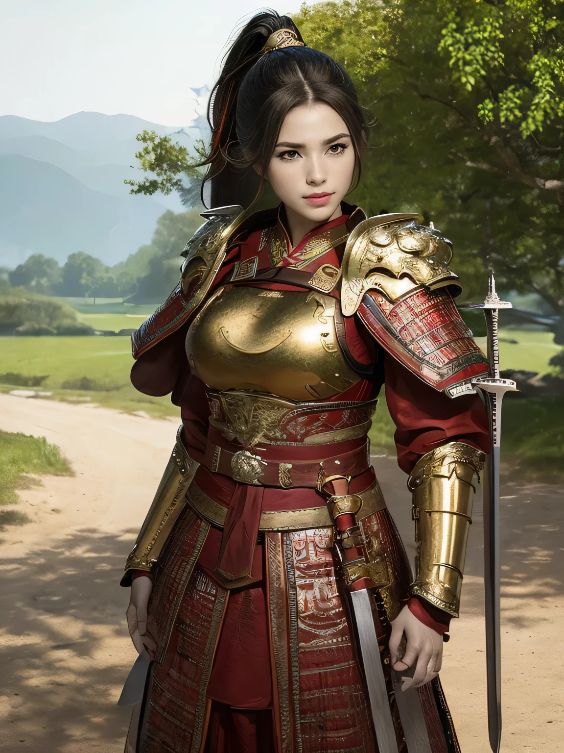 masterpiece,Best quality,HD quality,face close-up,A high resolution,8K,Ancient battlefield background, ((field:1.8)),(Female generals on the battlefield in the Han Dynasty),18-year-old girl,(long ponytail hairstyle),cparted lips,Full and erect breasts,Noble and charming,Elegant and serious,Chinese armor,sword, Chinese architecture, Brown cape,,The combination of white metal and red leather,chest armor,metallic luster,Leather buckle,Exquisite pattern,mysterious badge,Cool and gorgeouig breasts)),Chest groove,Three Kingdoms character painting style,Photo pose,oc render reflection texture,charming smile,Head-up shot,bright afternoon,woodland background