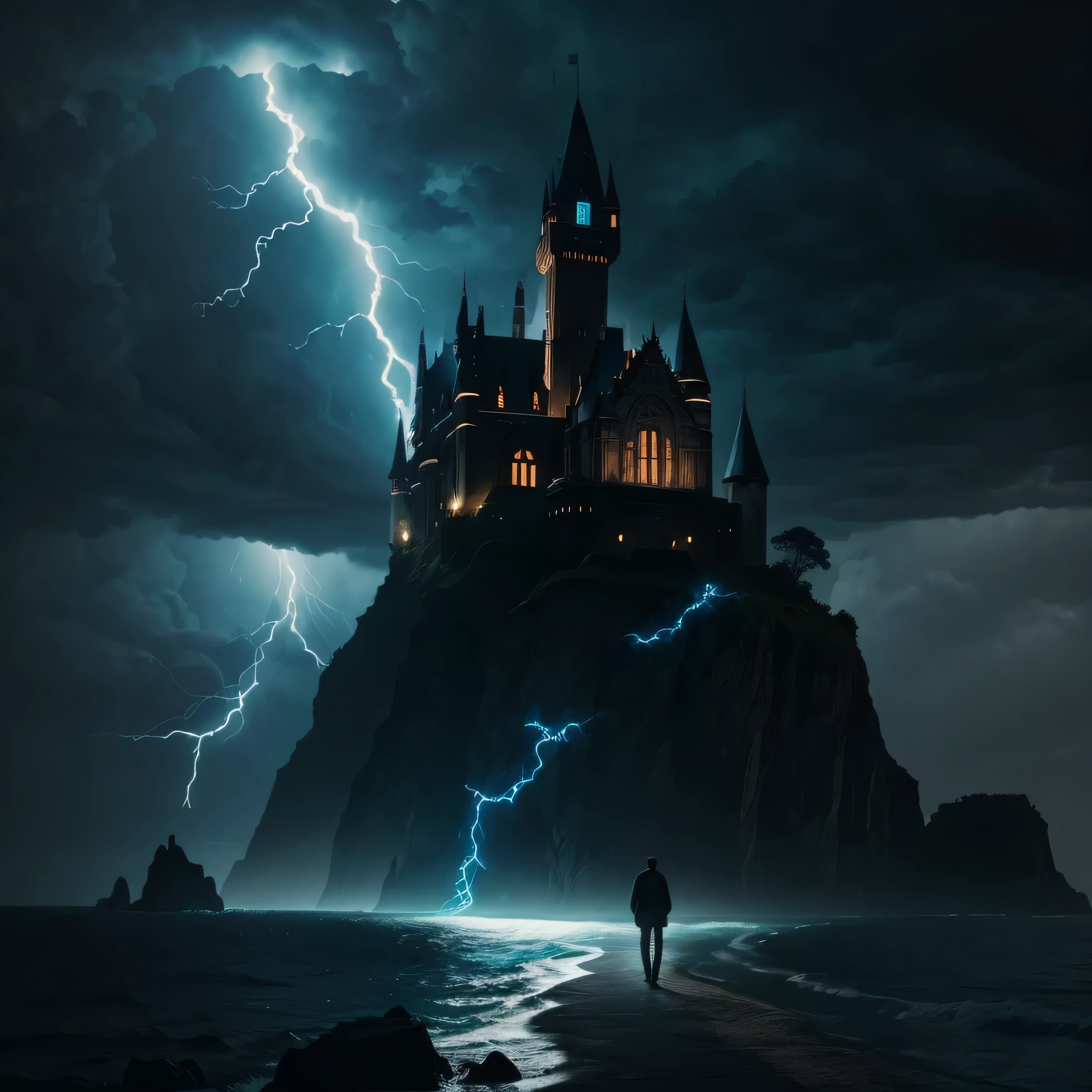 the silhouette of a man looks into the distance at a huge gothic style castle seen on a cliff in the middle of a storm with a lot of lightning and sparks, un camino conduce a la entrada, olas golpeando el acantilado, horror movie from the 40s. Chiaroscuro lighting, cinematographic, Alta calidad. Gran toma amplia.