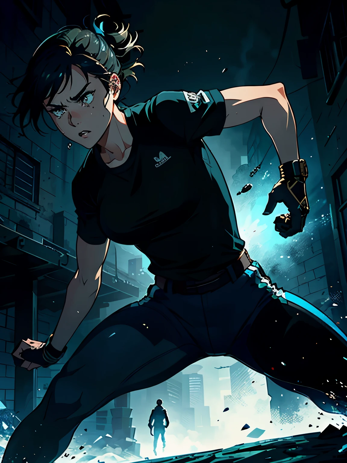 (Masterpiece), High Quality, 1 woman, 1 man x 2, Action, Girl fighting, Guard boys, Intense expression, (Detailed background:1.0), (Dynamic lighting:1.5), Dramatic scene, Realistic textures, Girl with short bobbed hair, muscular build, Wearing athletic clothing, Boys in uniform, Shirt sleeves rolled up, Determined faces, (Emotional:1.5), Intense body language, High contrast shadows, (Feet in motion:1.0), Frozen in time, (Action-packed:1.5), (Realistic animation:1.0), Suspenseful atmosphere.