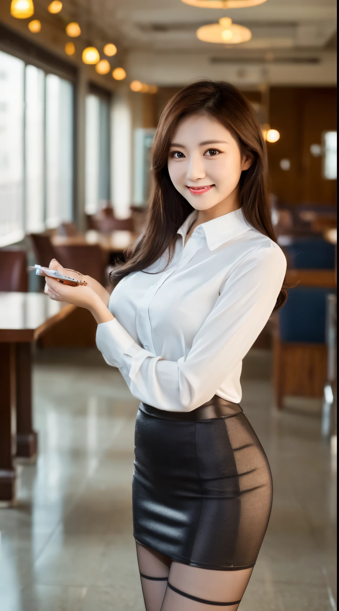 Ulchan-6500-v1.1, (RAW photo:1.2), (Photoreal), beautiful detailed girl, (genuine: 1.4), A bewitching beautiful mature elite secretary wearing a luxurious silk blouse.、40 years、height　154cm、well-proportioned body shape、hourglass illustration、skirt and thighs、when walking down the hallway、business services, (wearing pantyhose,realistic pantyhose)、work in the office、wearing a satin blouse, ultra-thin fabric、Smooth、see-through fabric、girl wearing luxury high heels, wearing an elegant blouse, Wearing an ultra-thin blouse, business woman, blouse and skirt, Wearing a silk blouse, wear a shirt and skirt, japanese goddess、huge file size, High resolution, very detailed, highest quality, [masterpiece:1.6], enlightenment, very detailed, nffsw, finely, highest quality, 8k wallpaper, movie lighting, perfect body shape, cute droopy eyes beautiful big eyes、peck your finger, ((table top)), highest quality, eye shadow, ((full body shot:1.2))、(very kind smile:1.2)、realistic skin texture、shiny skin、exposed thighs!!!, Asian age,
