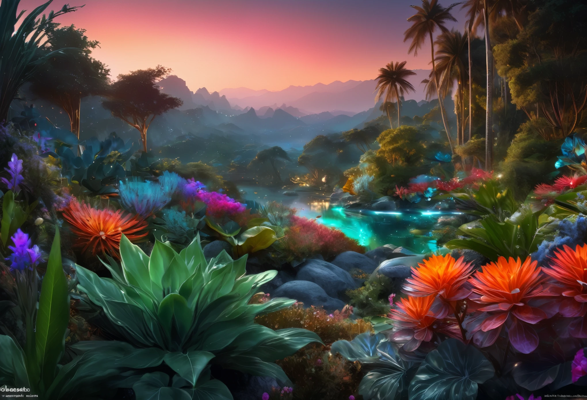 (best quality, peace master: 1.3), (Super detailed, Hyper realistic colors: 1.5), A cosmic garden filled with exotic flora and alien fauna. night,Landscape illuminated by bioluminescence, perfect composition, Best exposure, (golden ratio: 1.2), 8k, high dynamic range, dramatic, light, Trending on artstation, Trends in CG Society, Professional oil paints, huge details, Paint like a professional painter