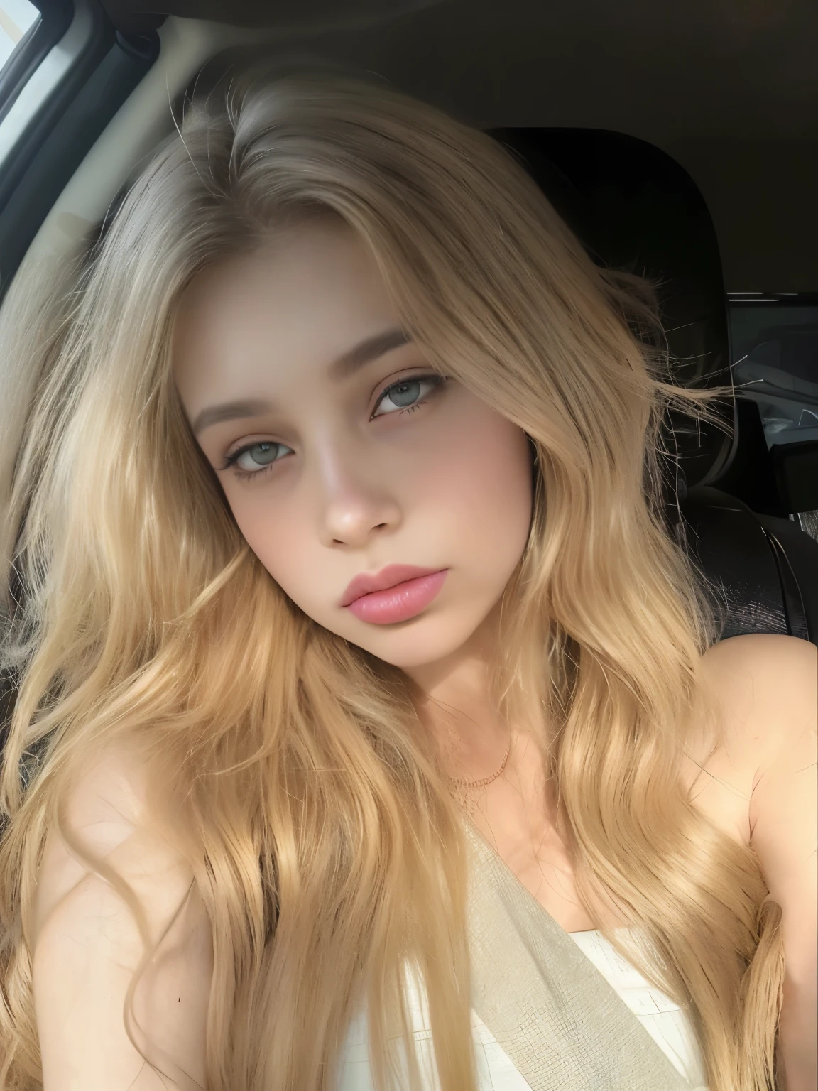 Mujer de pelo rubio con pelo largo sentada en un coche., long cabello rubio y ojos grandes, Cara extremadamente hermosa, pale skin curly blonde hair, pelo largo y rubio y ojos grandes, cara muy bonita, hermosa chica rubia, una chica con cabello rubio, cabello rubio y ojos grandes, cara perfecta ), hermosa joven modelo, preciosa cara delicada, con pelo largo y rubio, pale, shiny skin
