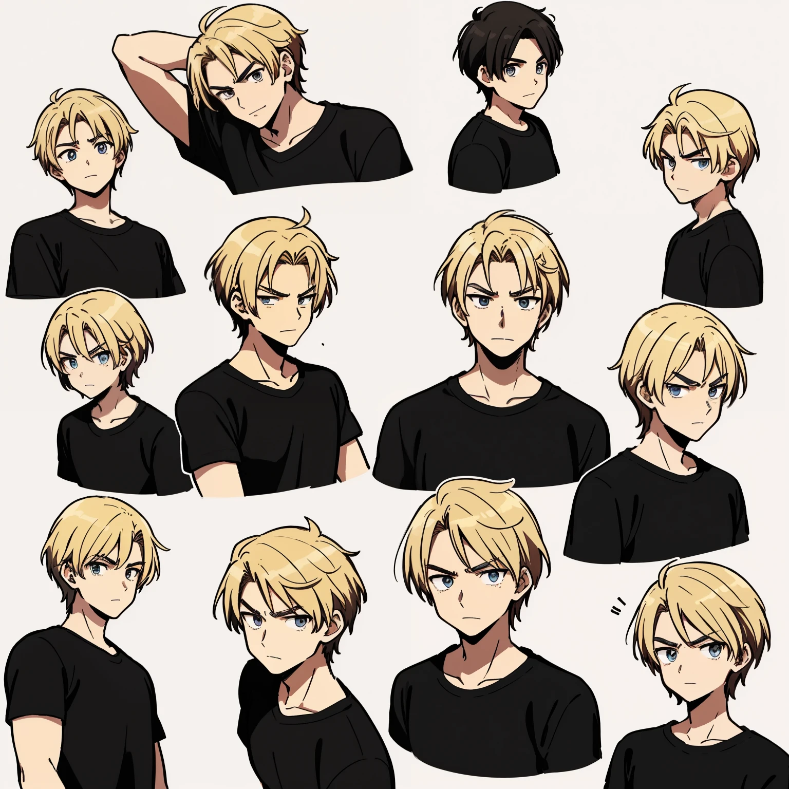 Draw a 9-frame image of evil adult male black strokes。Comes in 9 poses and facial expressions.、express different emotions。He is wearing a white T-shirt、man with short hair,blonde，Looks bad