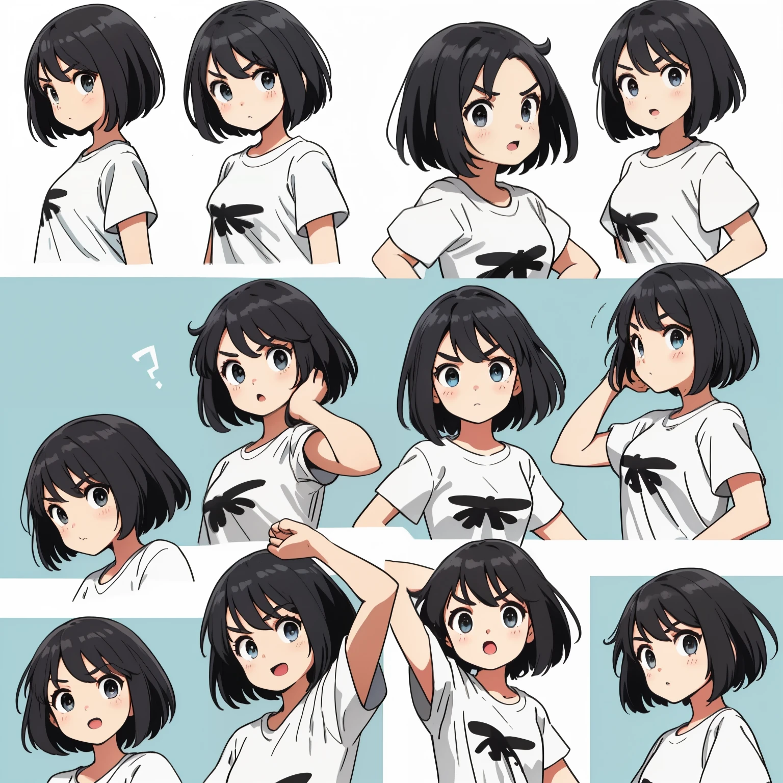 little girl，Black long straight 9 frame image。Comes in 9 poses and facial expressions.、express different emotions。She is wearing a white T-shirt、girl with short hair