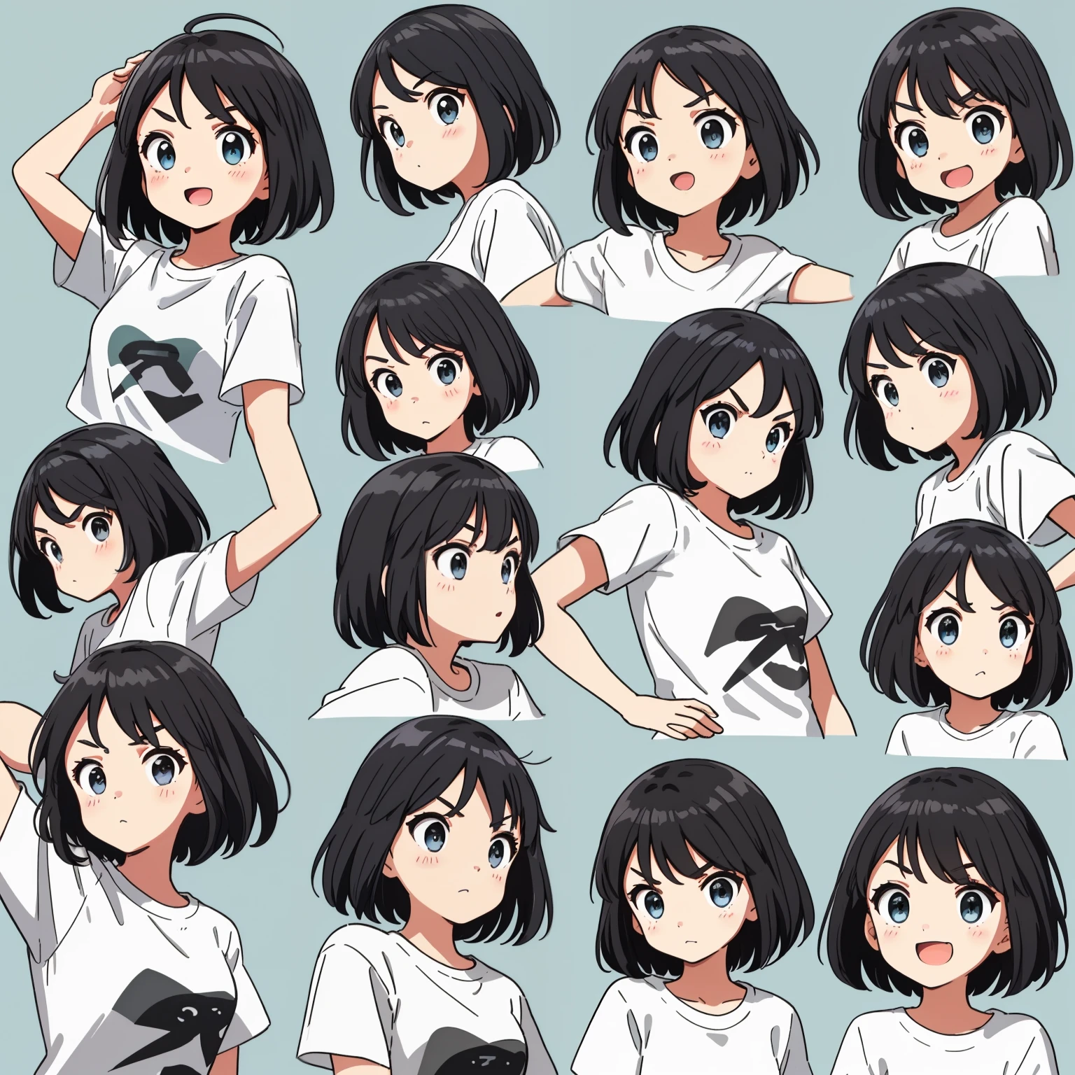 little girl,Black long straight 9 frame image。Comes in 9 poses and facial expressions.、express different emotions。She is wearing a white T-shirt、girl with short hair