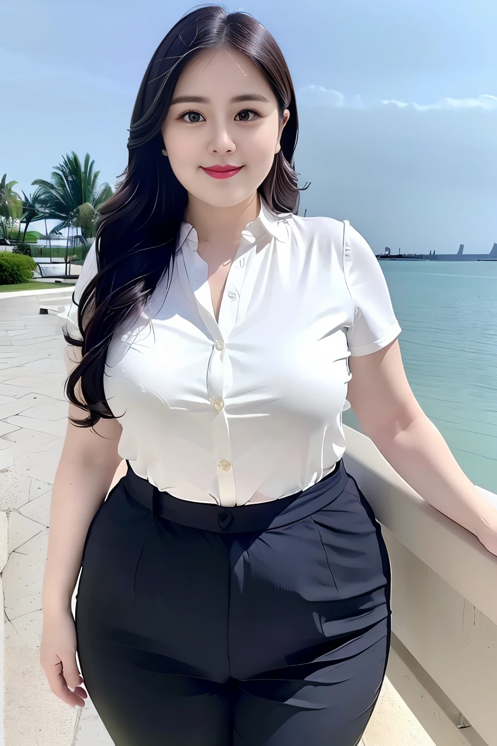 ((top quality、8k、masterpiece:1.3))、sharp focus, High level of image quality, high resolution,Draw lips correctly, red lipstick, from chest up, best quality, Super detailed, lifelike, Super fine skin, perfect anatomy, (Chinese women), (alone)white shirt,Buttons clearly visible,The buttons are all buttoned,gray pants,。40 year old female,adult,charming smile,Chubby face,Round cheeks,
,Fat face,Chubby round face,big eyes,wavy long hair,Big breasts,Chubby body,black shoes,Leg length,Calves visible,stand,stand up,beach background