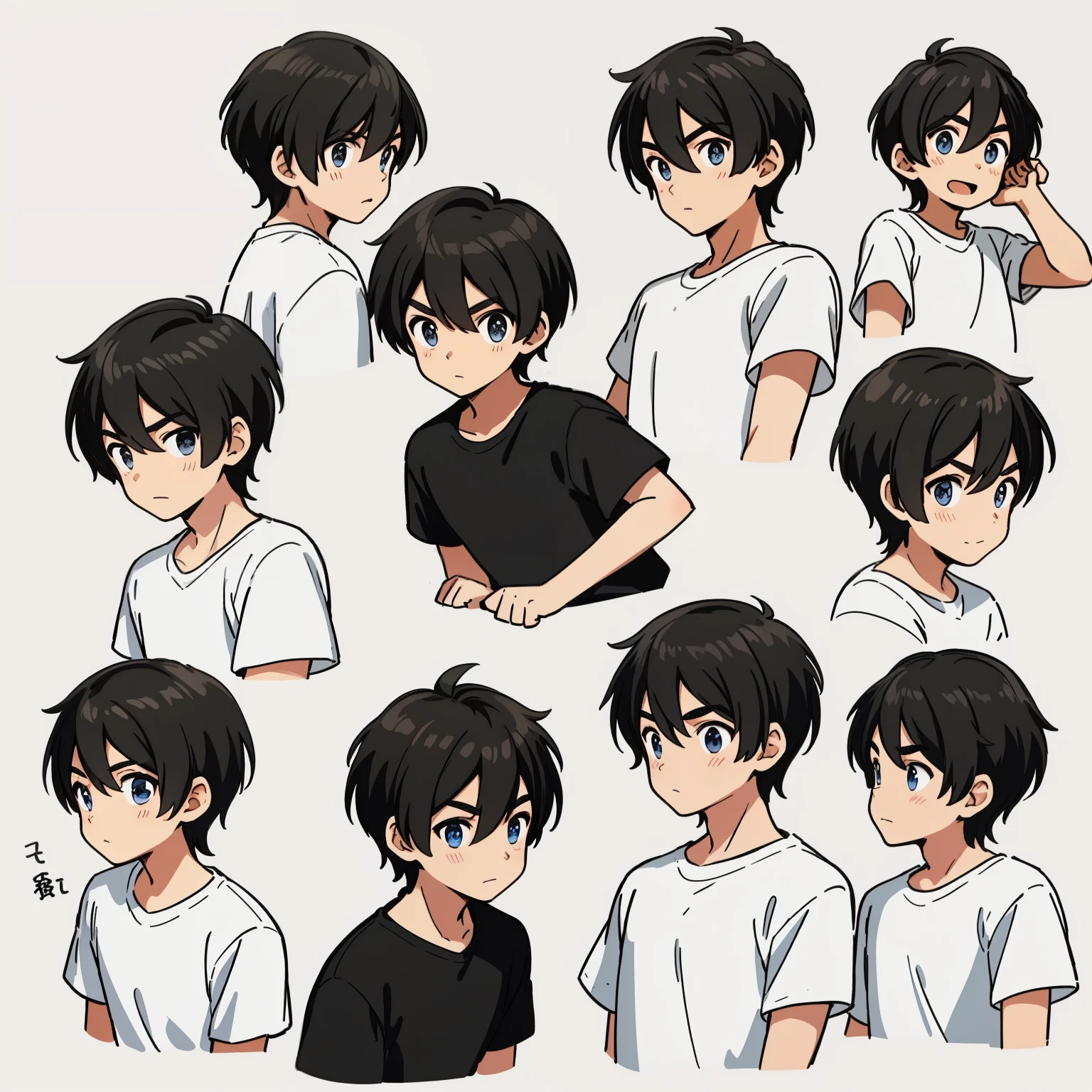 Little boy black strokes 9 grid image。Comes in 9 poses and facial expressions.、express different emotions。He is wearing a white T-shirt、boy with short hair