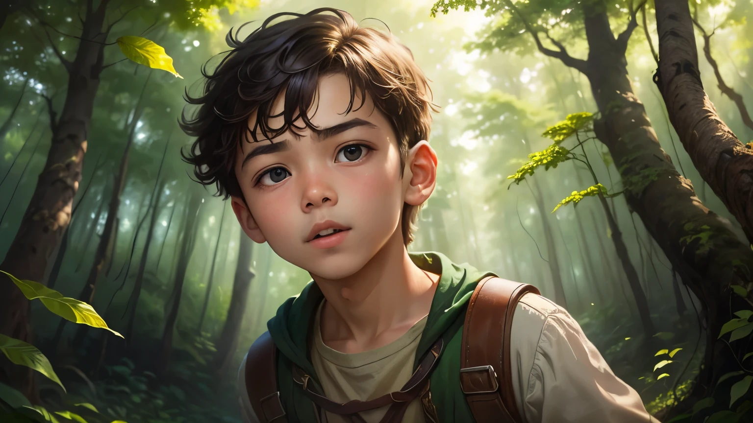 a young boy is standig in the forest((best quality)), ((masterpiece)), (detailed), perfect face wide view angle