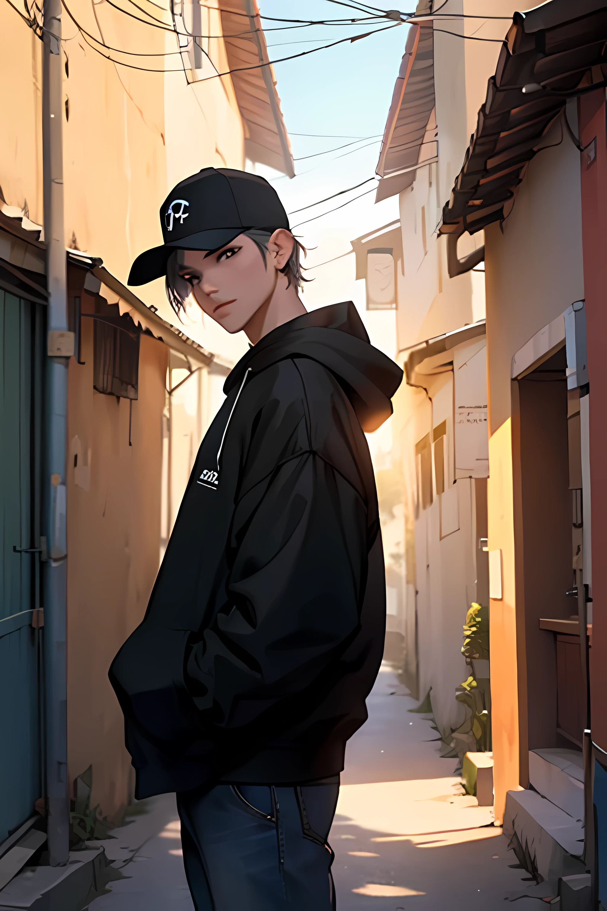 A 21 year old individual, cabelos castanhos, olhos da mesma tonalidade, possui uma estatura de 1,82m. He wears a short-brimmed black cap and a black, unprinted sweatshirt... Na imagem, is facing the camera, o foco centrado um pouco abaixo dos ombros. A cena se desenrola em uma rua deserta, where the last rays of the setting sun create a serene atmosphere in the background.