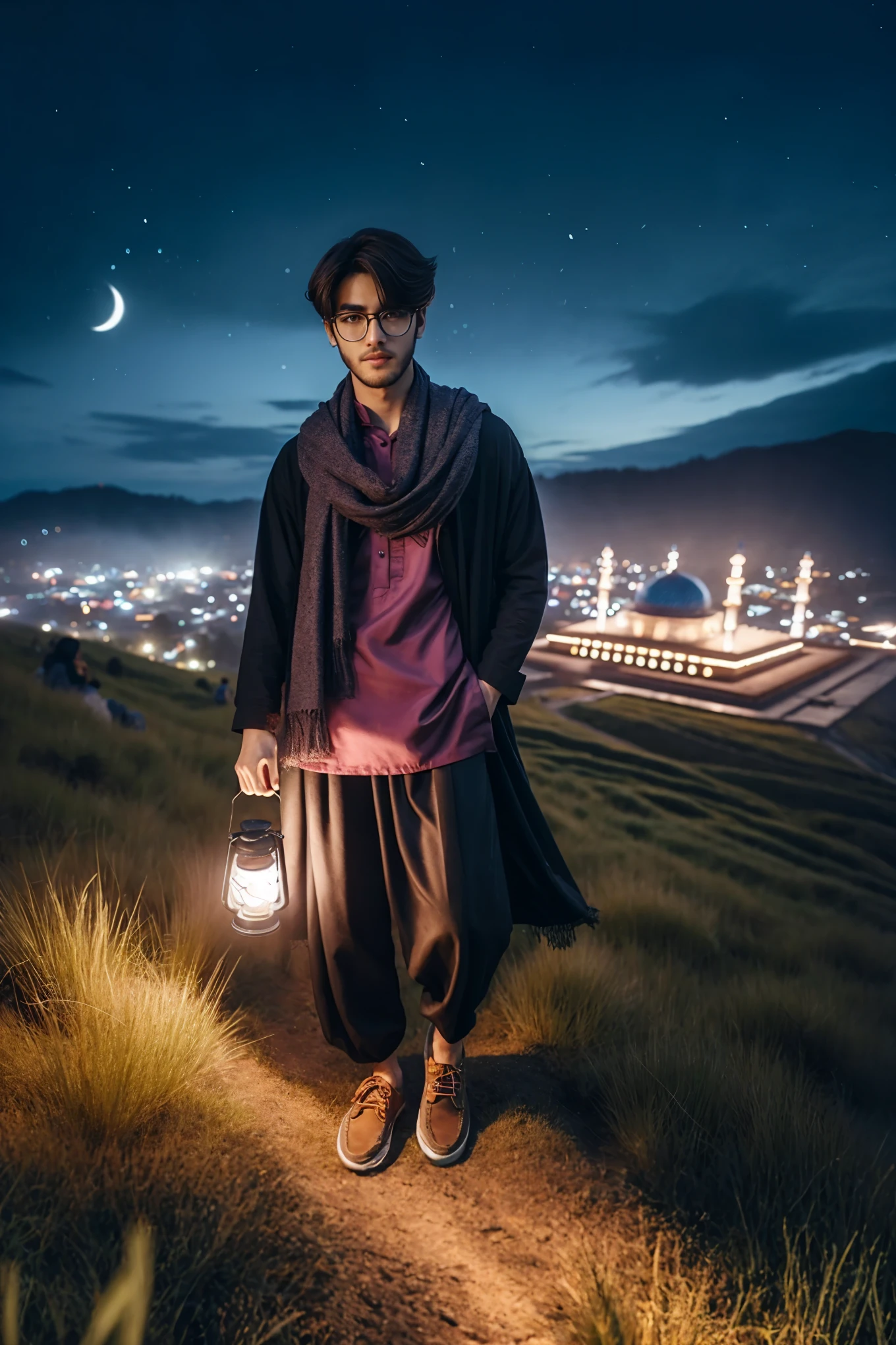 arafed man holding a lantern on a path in a field, profile picture 1024px, edited in photoshop, holding a lantern, mid shot portrait, high quality portrait, brandon woelfel, inspired by Amir Zand, hero pose colorful city lighting, arabian night, arabian samurai, ✨🕌🌙, inspired by Osman Hamdi Bey, handsome man
