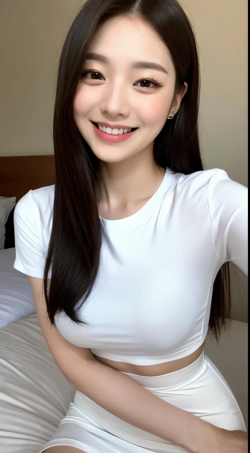 white tight shirt、white tight mini skirt、bed、smile、short sleeve、high resolution、Korean idol face