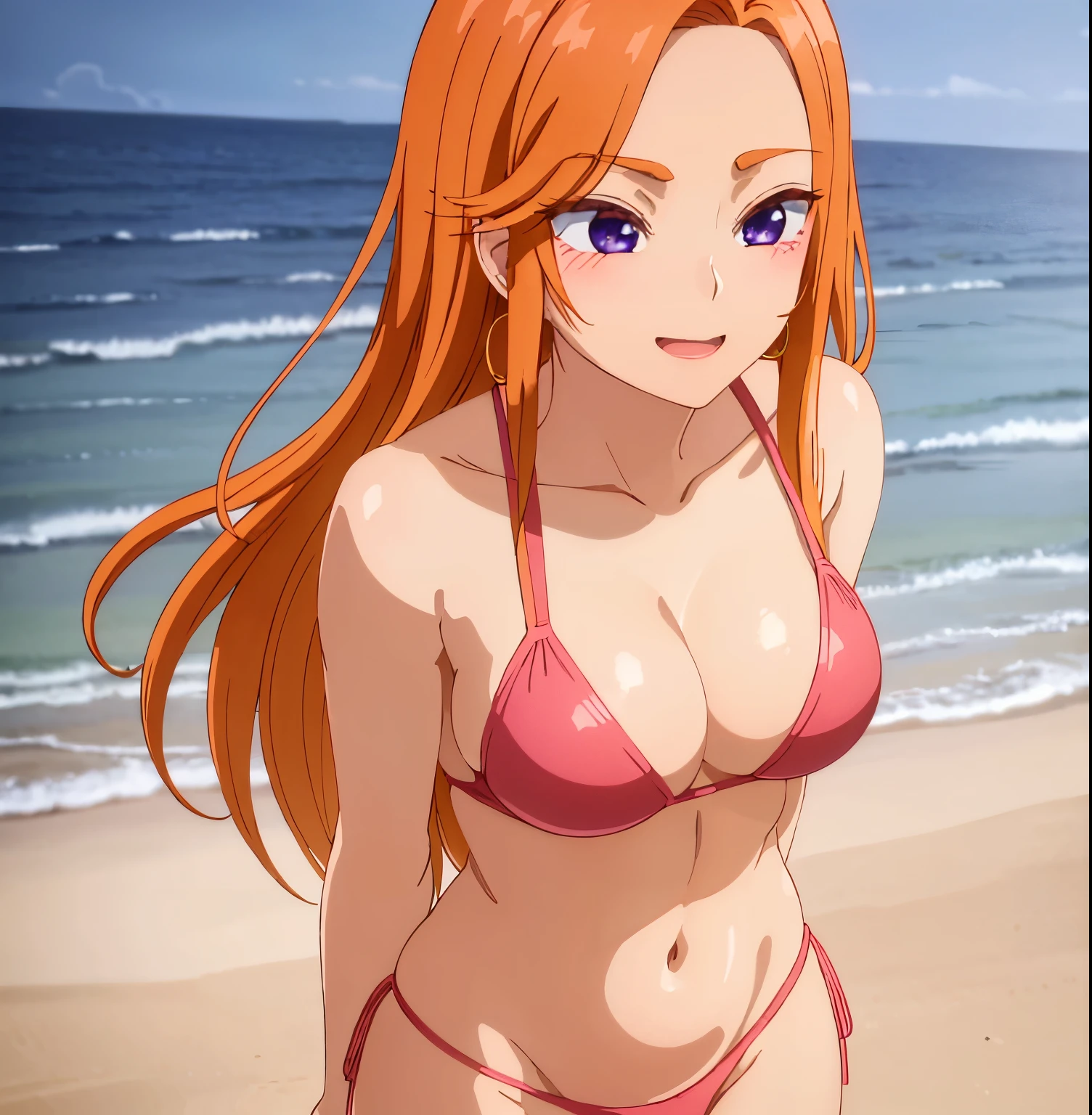 1 girl, alone, mai fuyuki, pink bikini, pink bra, thong, lying on sand, beach, sea lighting, sunset, mai fuyuki, long hair, purple eyes, orange hair, 1 girl, alone, blush, jewelry, earrings hoop, looking at viewer, pov (from below), embarrassed, seductive, smiling, closed mouth, big breasts, medium waist, wide hips, medium thighs, best quality, high resolution, extremely detailed, perfect and detailed anime style, 8k , masterpiece, anime art style, anime coloring, perfect hands, perfect anatomy