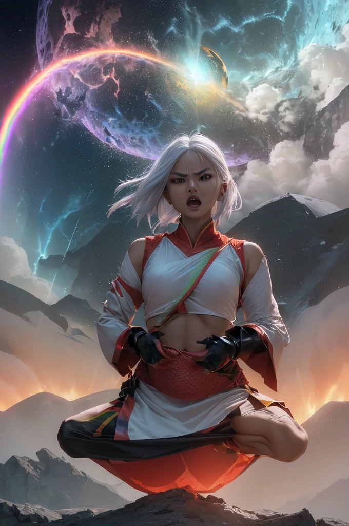 An (extremely fierce Gurung woman (age 35), slim and toned figure, ankle length platinum hair, tiny loose fighting clothes, explosive fury) is channeling her Ki energy (resembling lightning), into a ('DragonBall' a large pulsing sphere of rainbow power being circled by the ghost of a dragon), best quality, extremely high detail, dramatic views