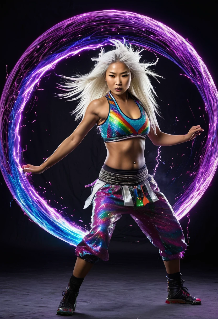 An (extremely fierce Gurung woman (age 35), slim and toned figure, ankle length platinum hair, tiny loose fighting clothes, explosive fury) is channeling her Ki energy (resembling lightning), into a ('DragonBall' a large pulsing sphere of rainbow power being circled by the ghost of a dragon), best quality, extremely high detail, dramatic views