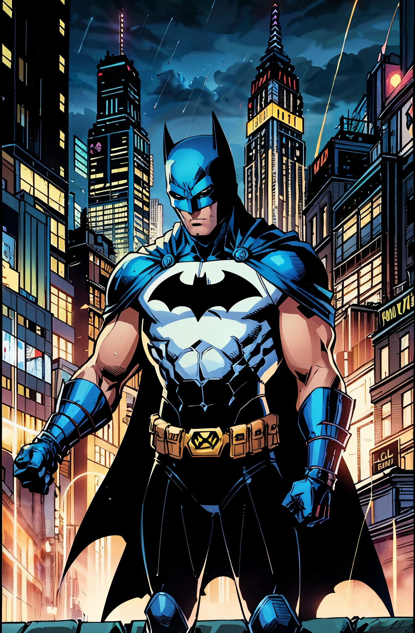 illustration, absurdres, masterpiece, 1boy, jim lee ,batman, standing, night, city, male focus,serious, on roof,cape,black armor, serious, cowboy shot, heavy downpour, floating cape,90s cartoons ,marvel comic，The background is New York City，Professional comic style, prominent contour lines