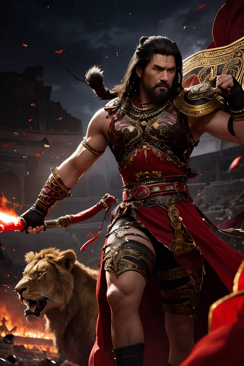 Subject: A Berber warrior from the Roman era, dressed in dark, ornate leather armor with a flowing red sash, fights a ferocious lion in the center of a blood-stained coliseum arena.
Style: Dark fantasy, reminiscent of the "Scorpion King" movie.