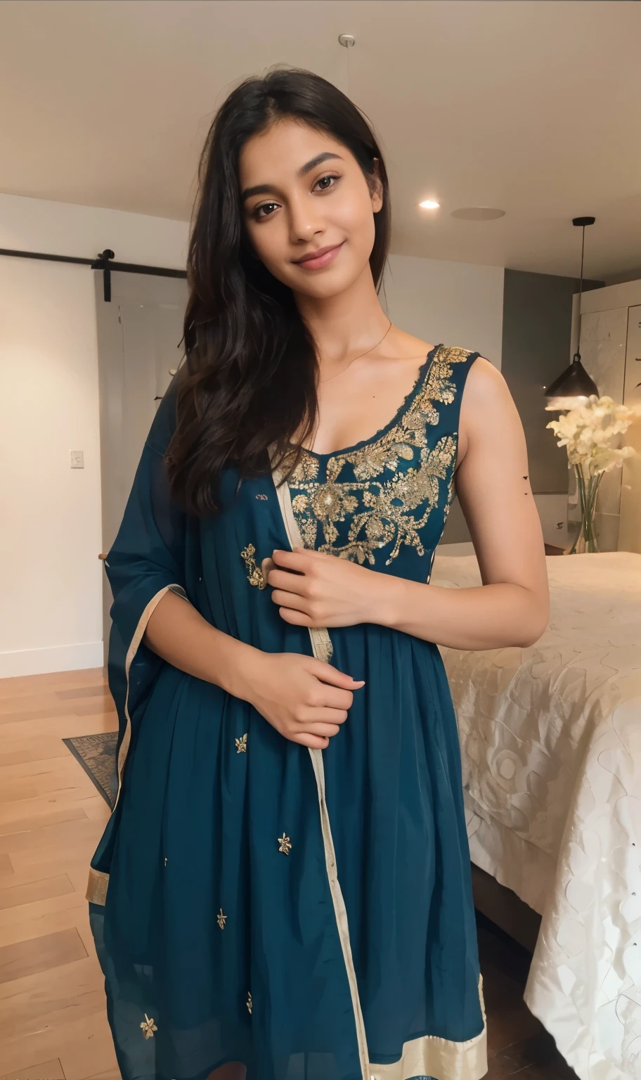 Beautiful ,23 years young Indian girl healthy, sweet smile looking,8k,realistic, raw photo,dark brown hair,fair skin, indian,long hair,clear facial features,, very detailed, 23years old, innocent face, natural wavy hair, high resolution, masterpiece, best quality, intricate details, highly detailed, sharp focus, detailed skin, realistic skin texture, texture, detailed eyes, professional, 4k, charming smile, shot on Canon, 85mm, shallow depth of field, kodak vision color, perfect fit body, extremely detailed, foto_\(ultra\), photorealistic, realistic, post-processing, maximum detail, roughness, real life, ultra realistic, photorealism, photography, 8k uhd, photography, black hair